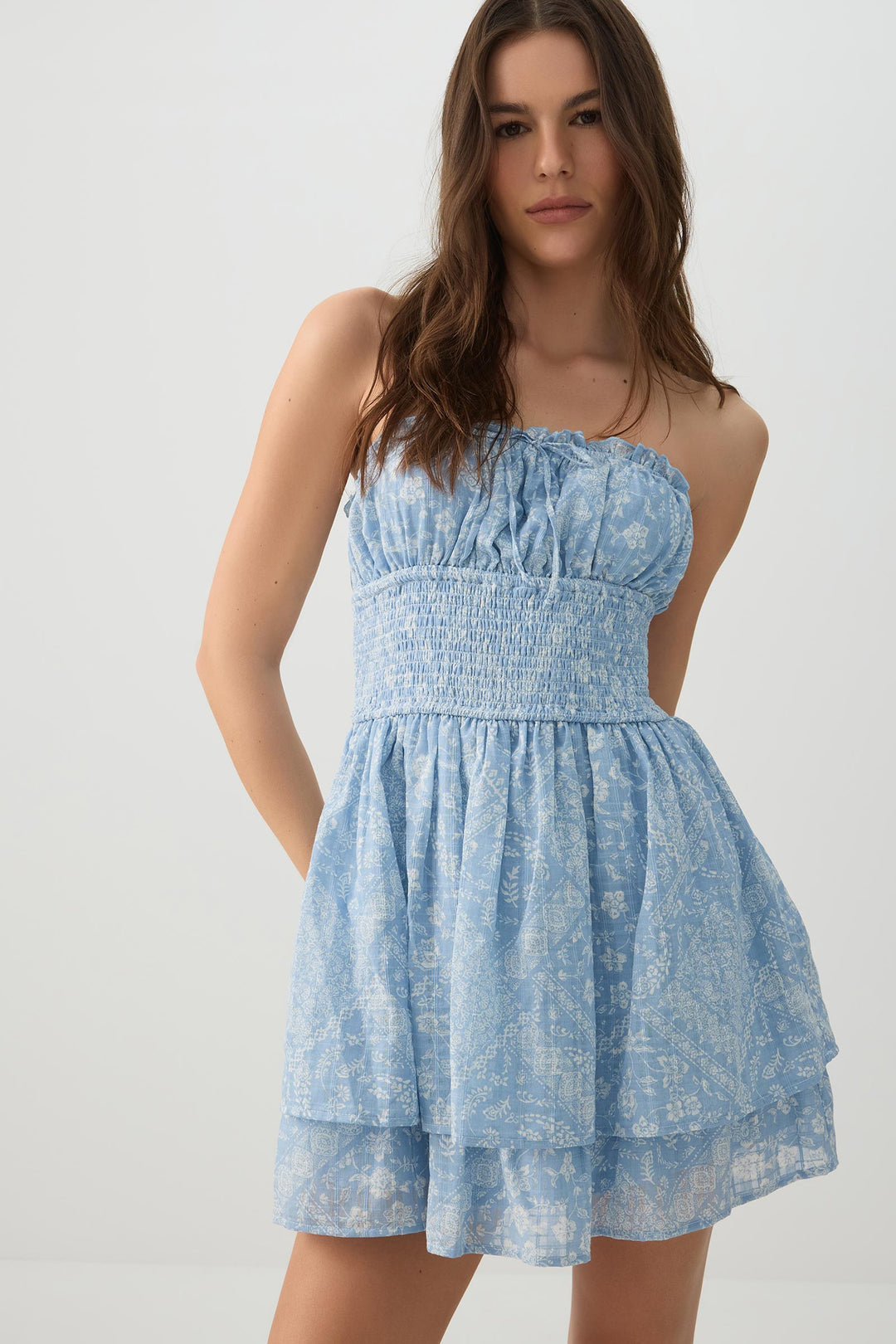 Smocked Strapless Mini Dress