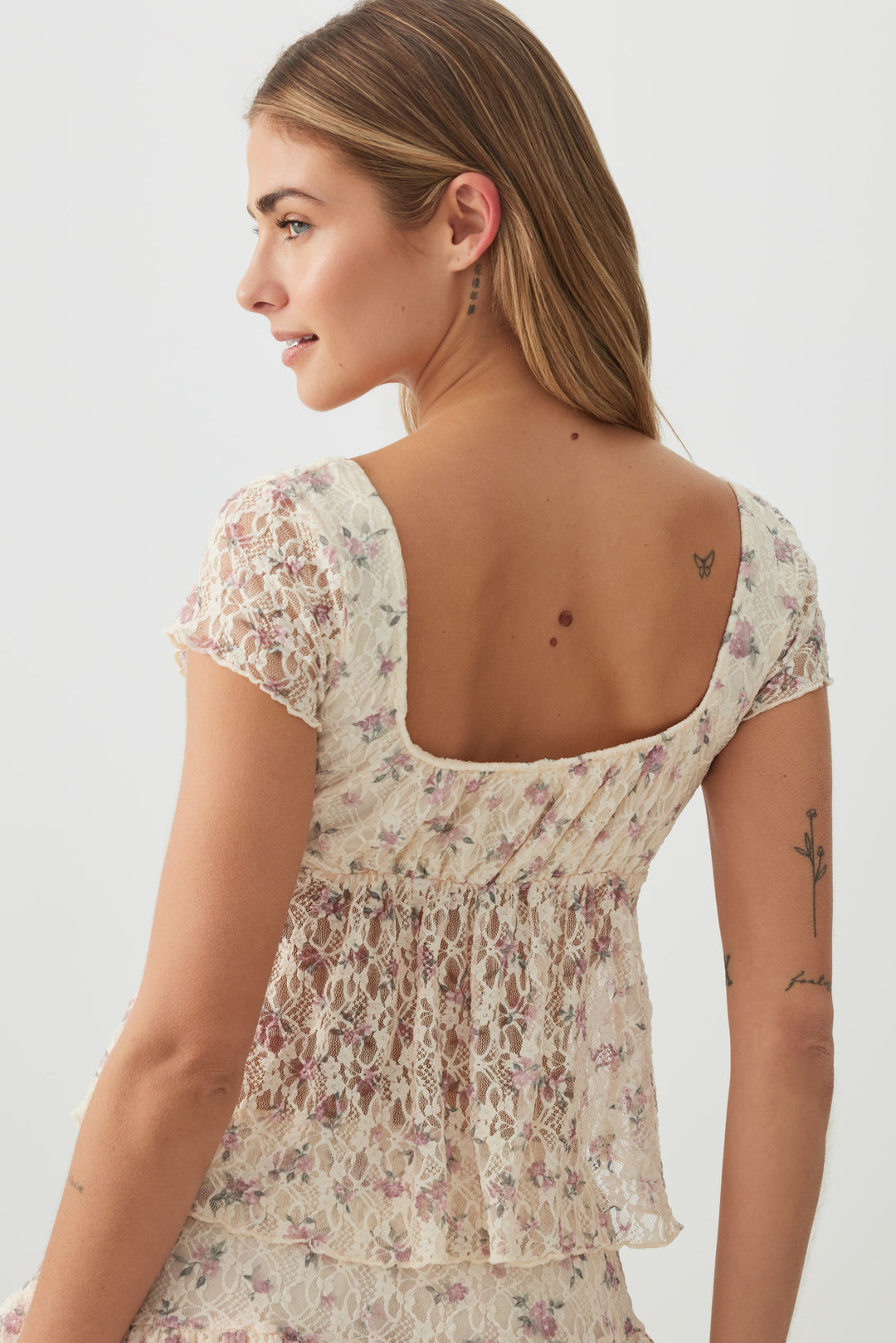 Textured Lace Short Sleeve Peasant Top