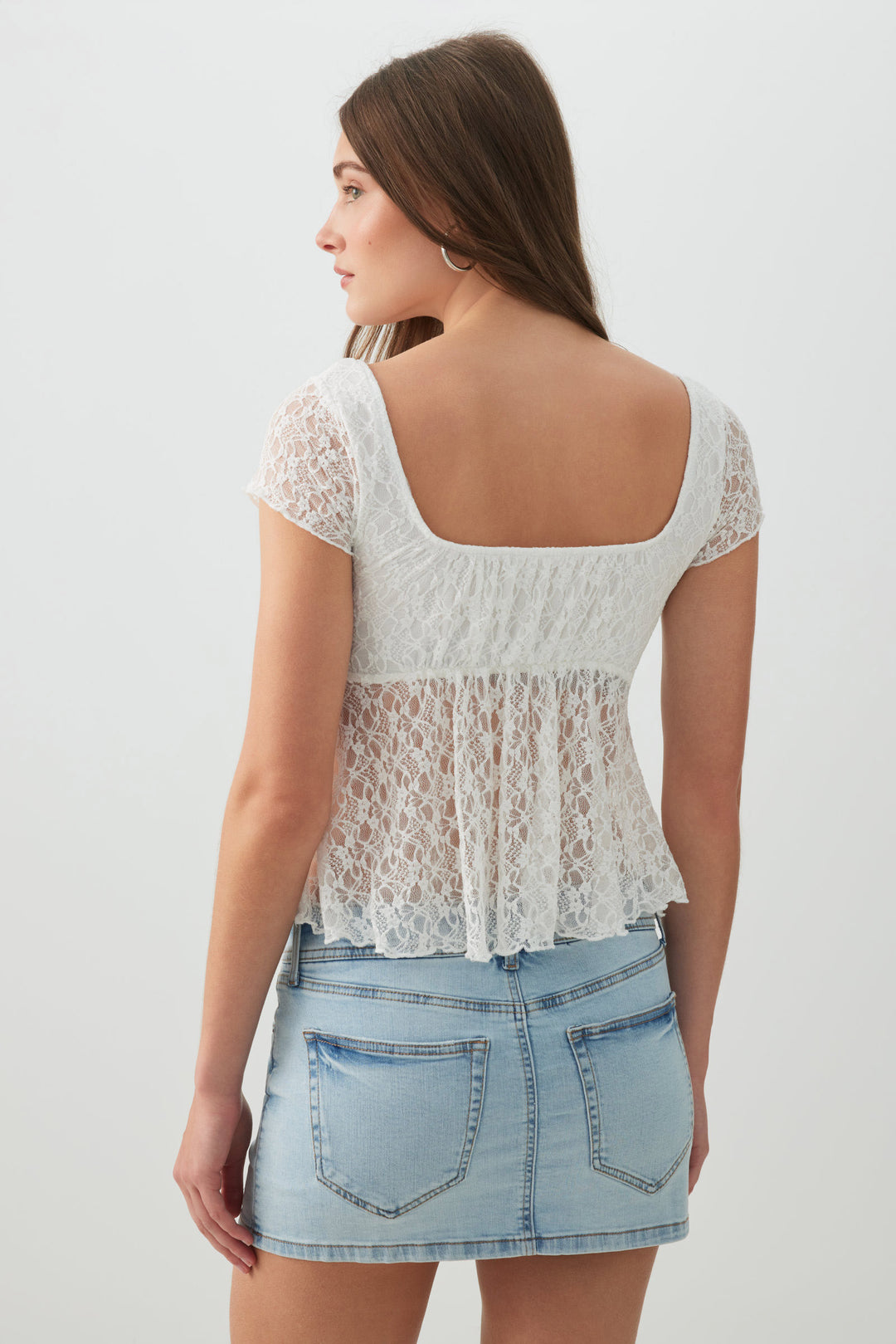 Textured Lace Short Sleeve Peasant Top
