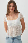 Textured Lace Short Sleeve Peasant Top