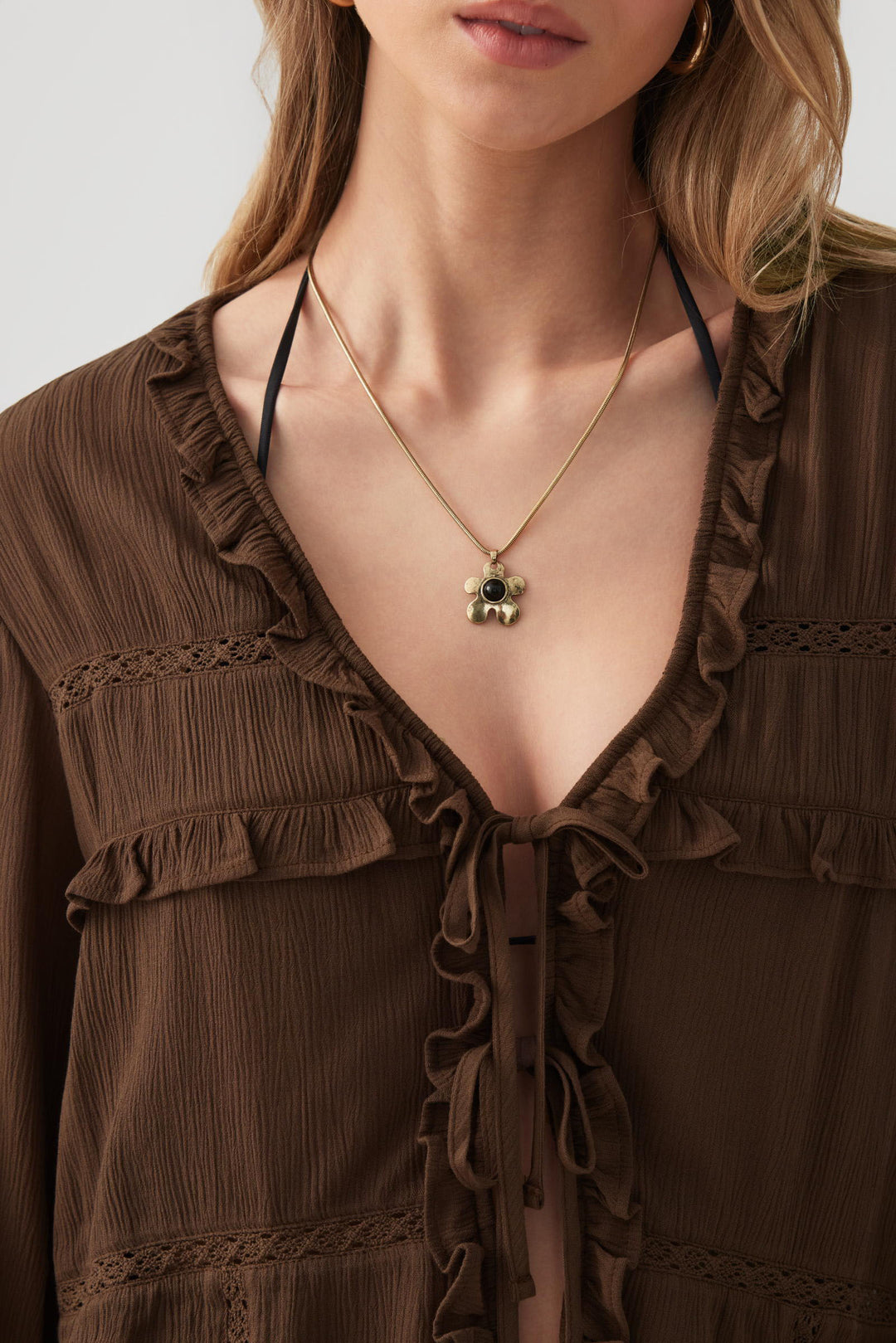 Crinkled Tie Front Blouse with Ruffles