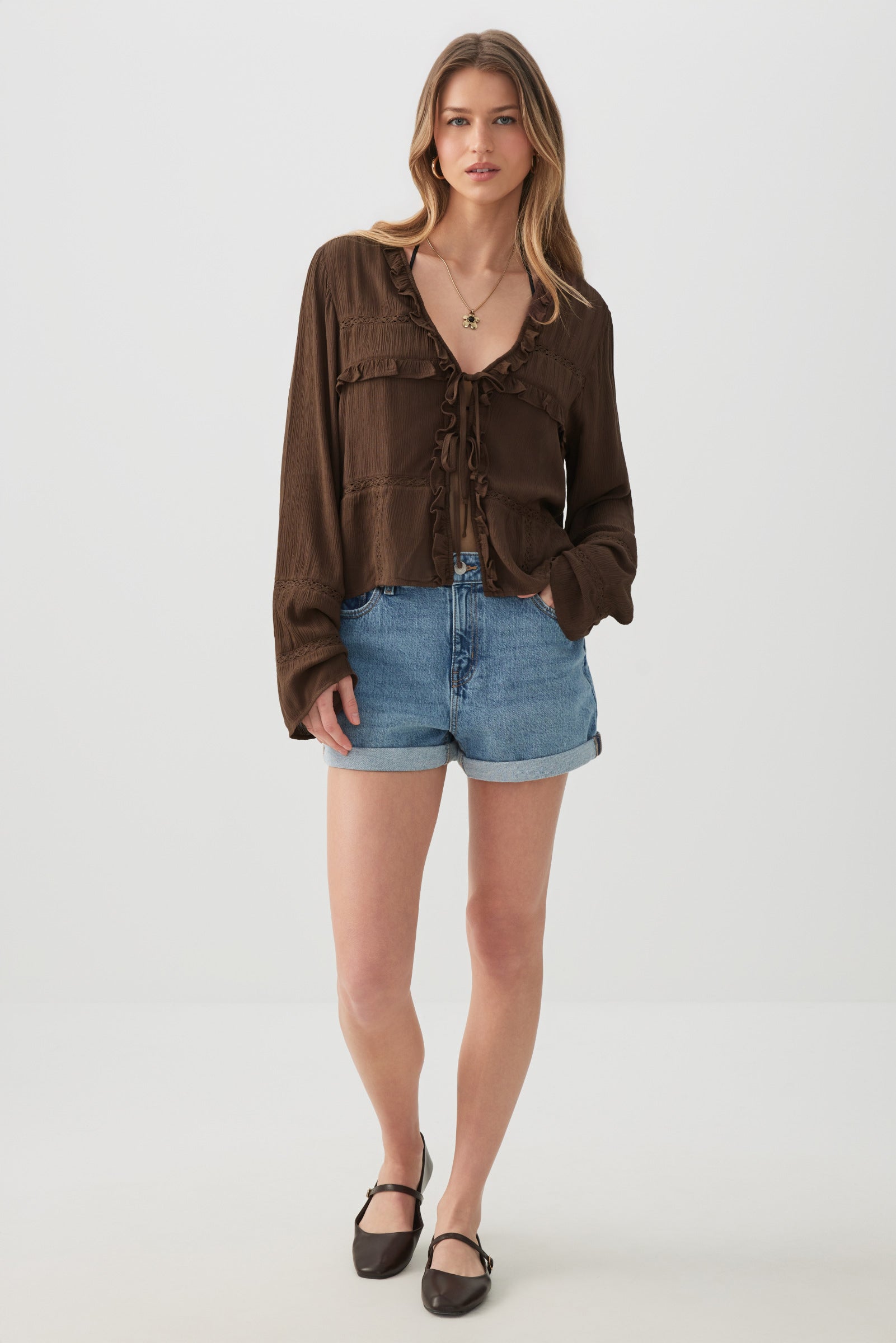 Crinkled Tie Front Blouse with Ruffles – Ardene