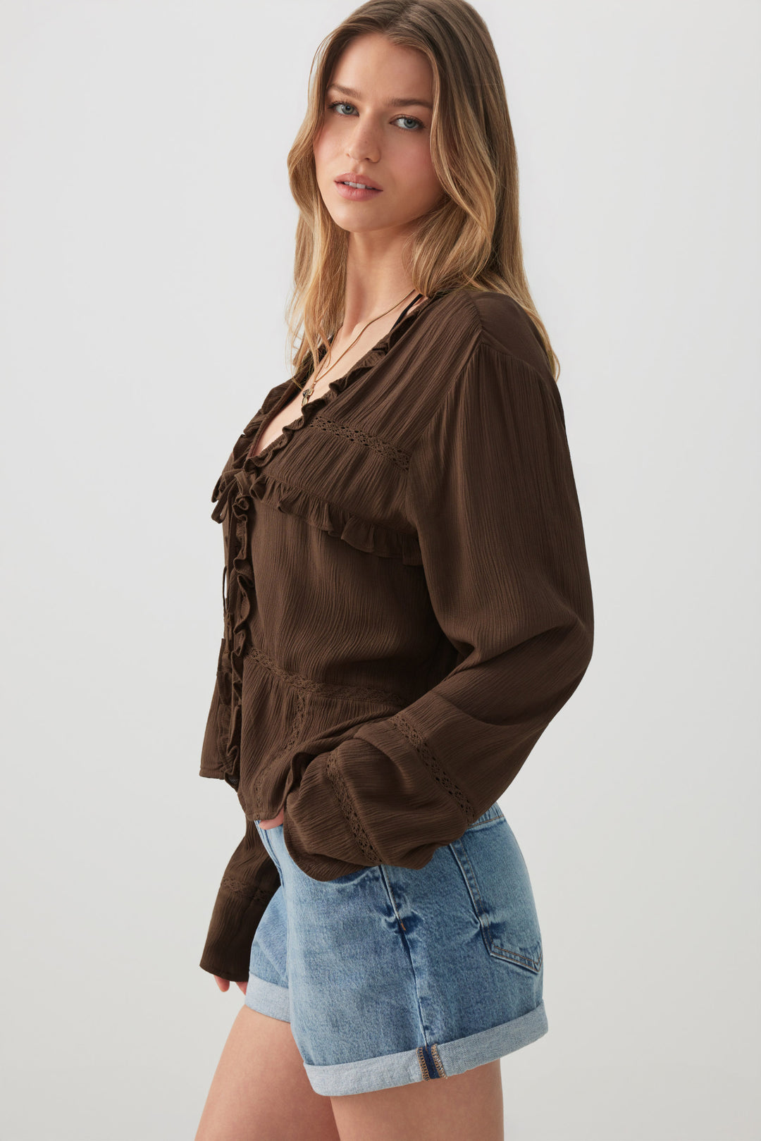 Crinkled Tie Front Blouse with Ruffles