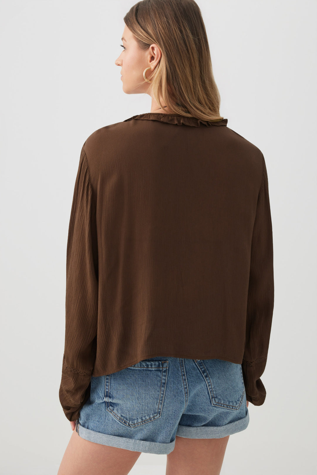 Crinkled Tie Front Blouse with Ruffles