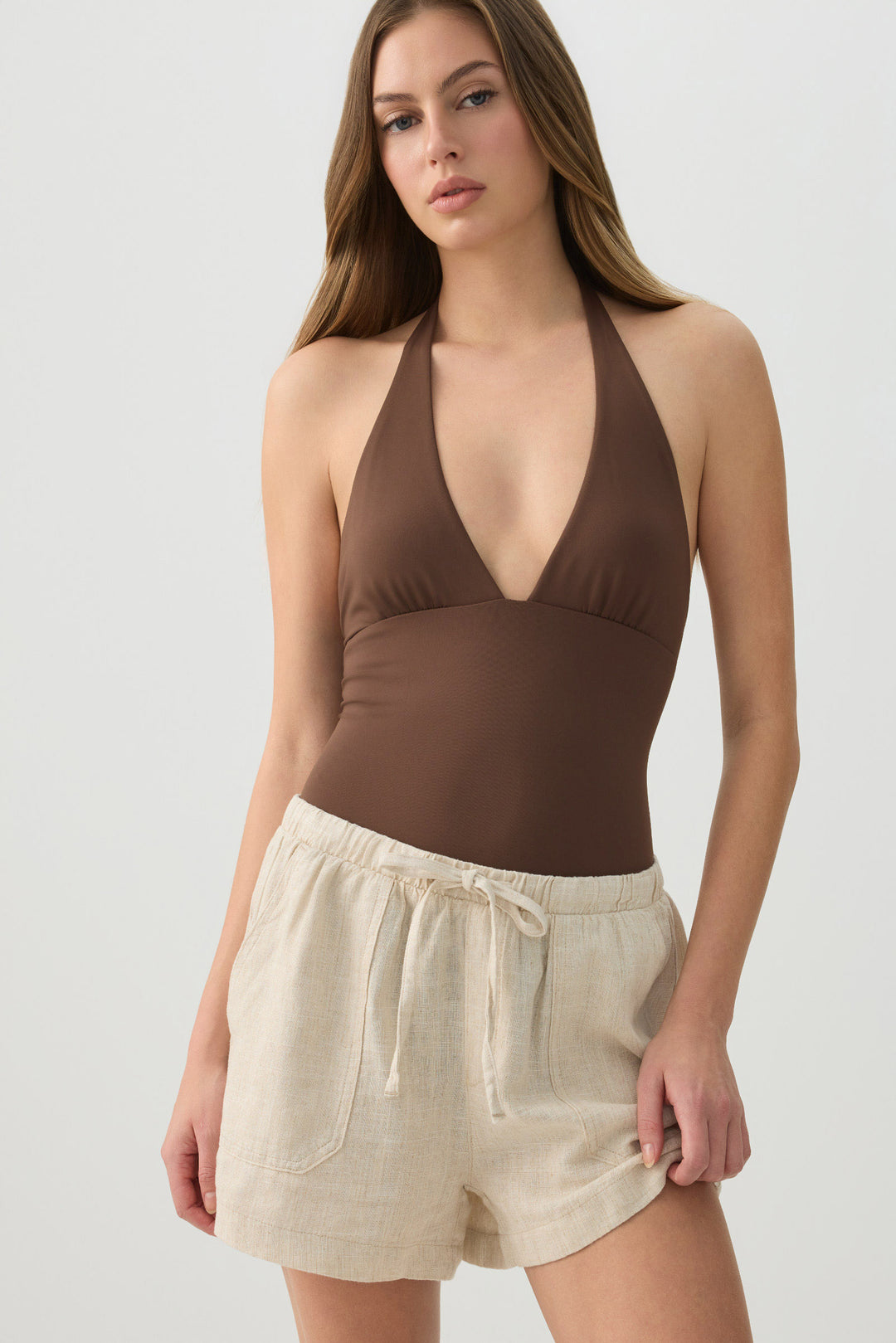 Linen Blend Mid Rise Shorts