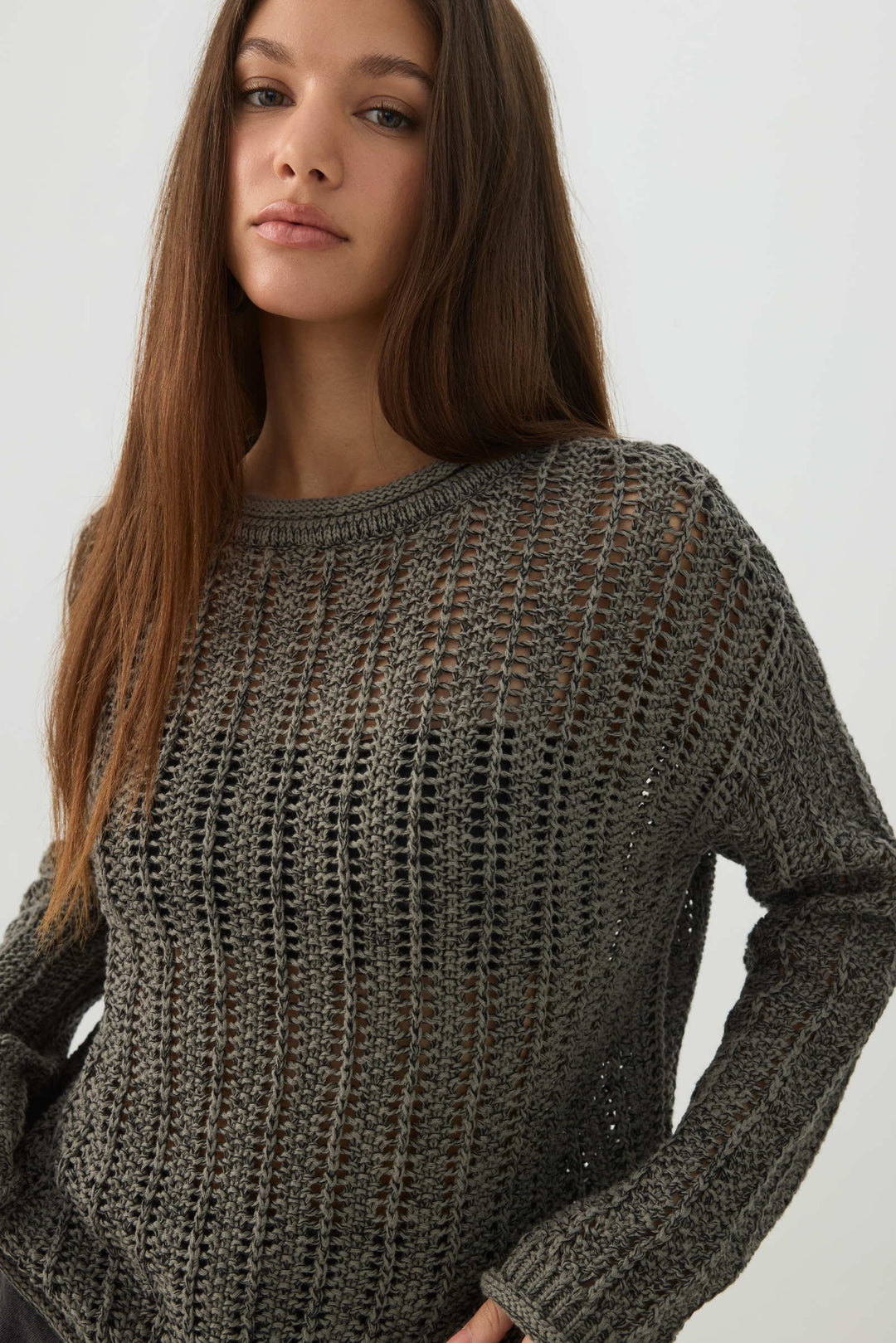 Open Stitch Crew Neck Sweater
