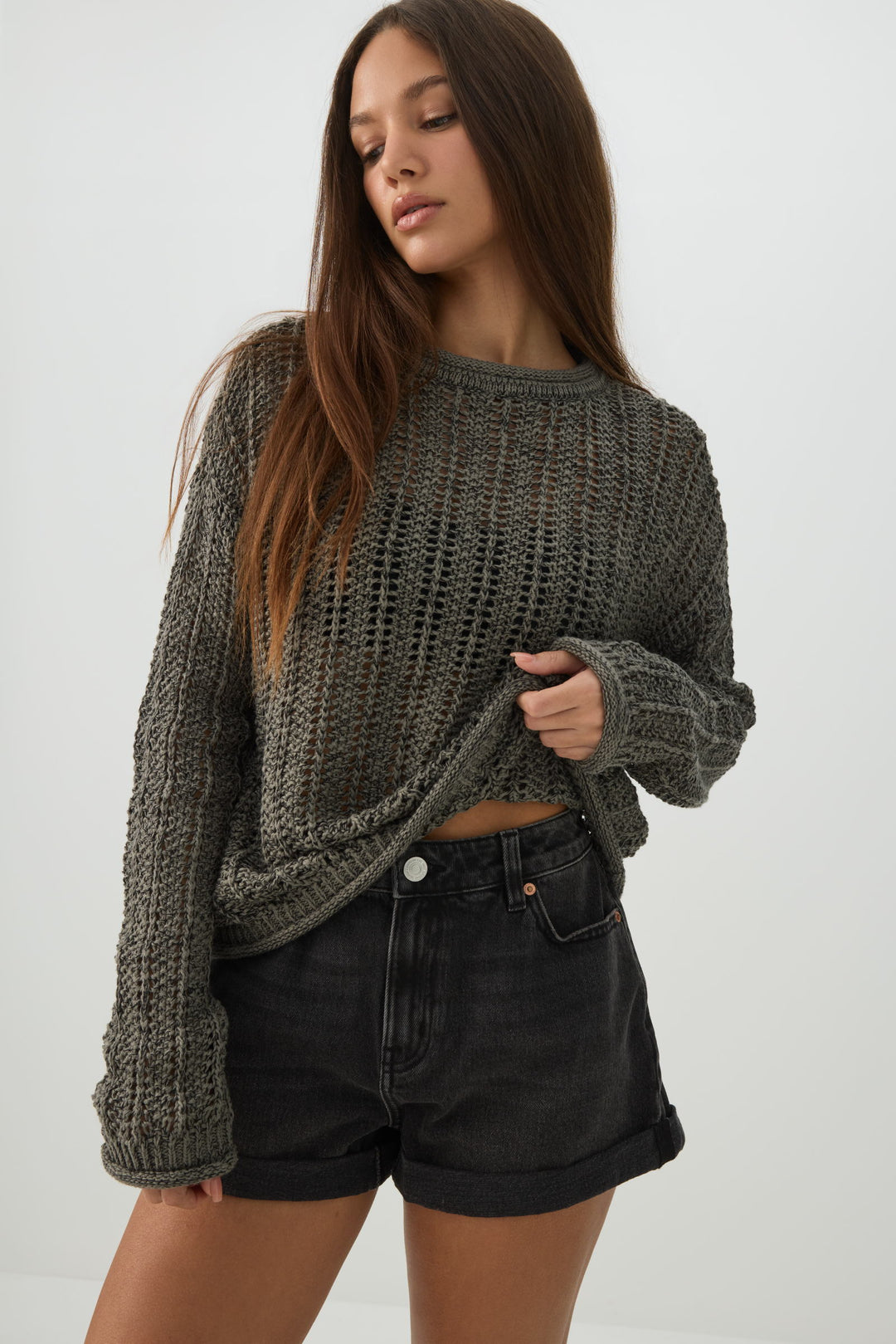 Open Stitch Crew Neck Sweater