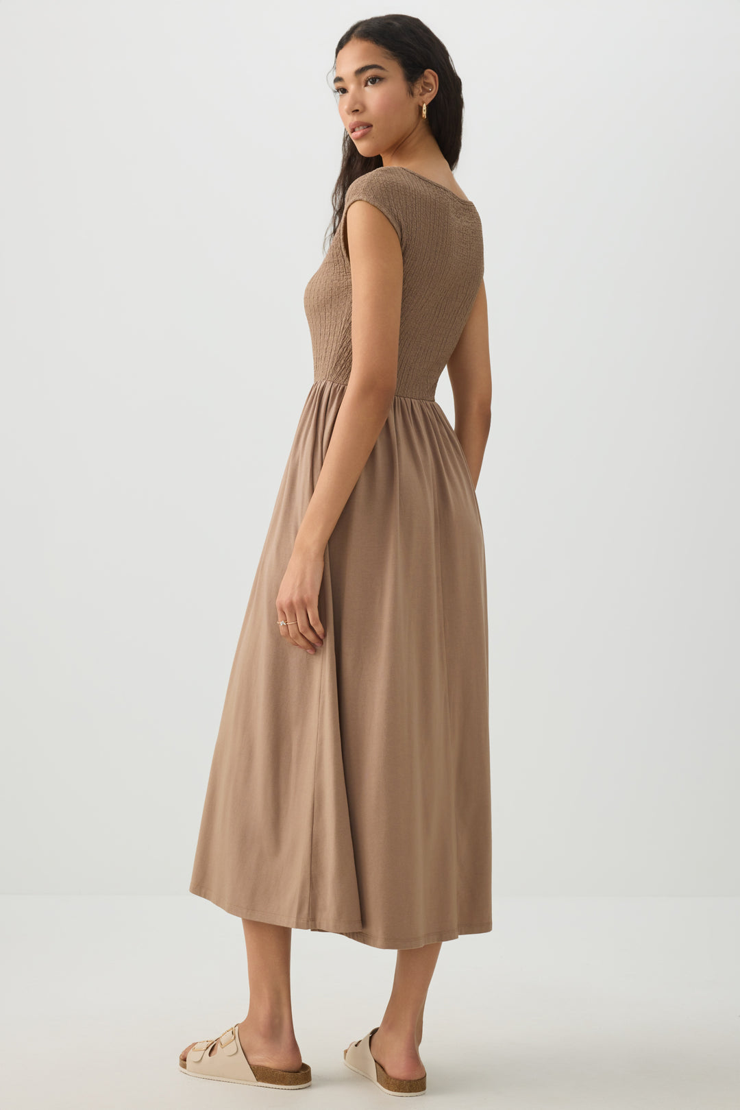 Textured Knit Cap Sleeve Midi Dress