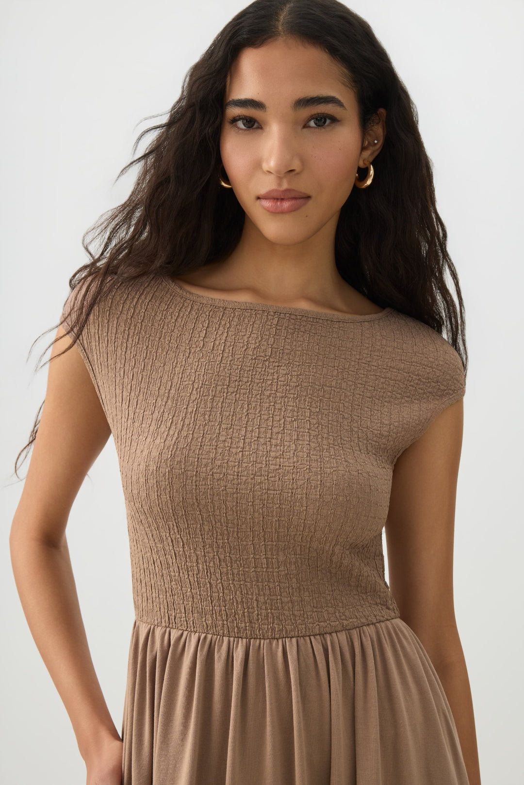 Textured Knit Cap Sleeve Midi Dress