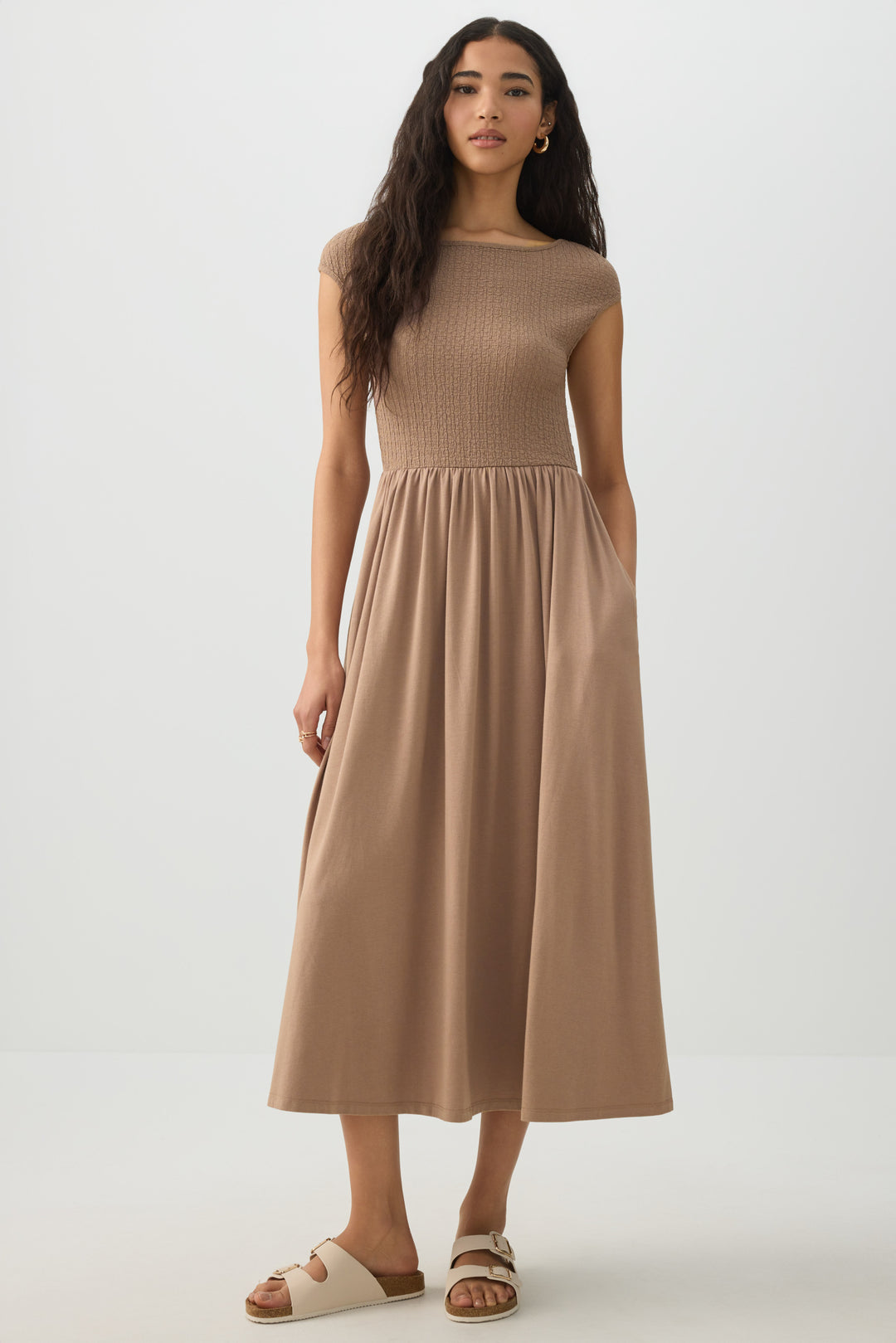 Textured Knit Cap Sleeve Midi Dress