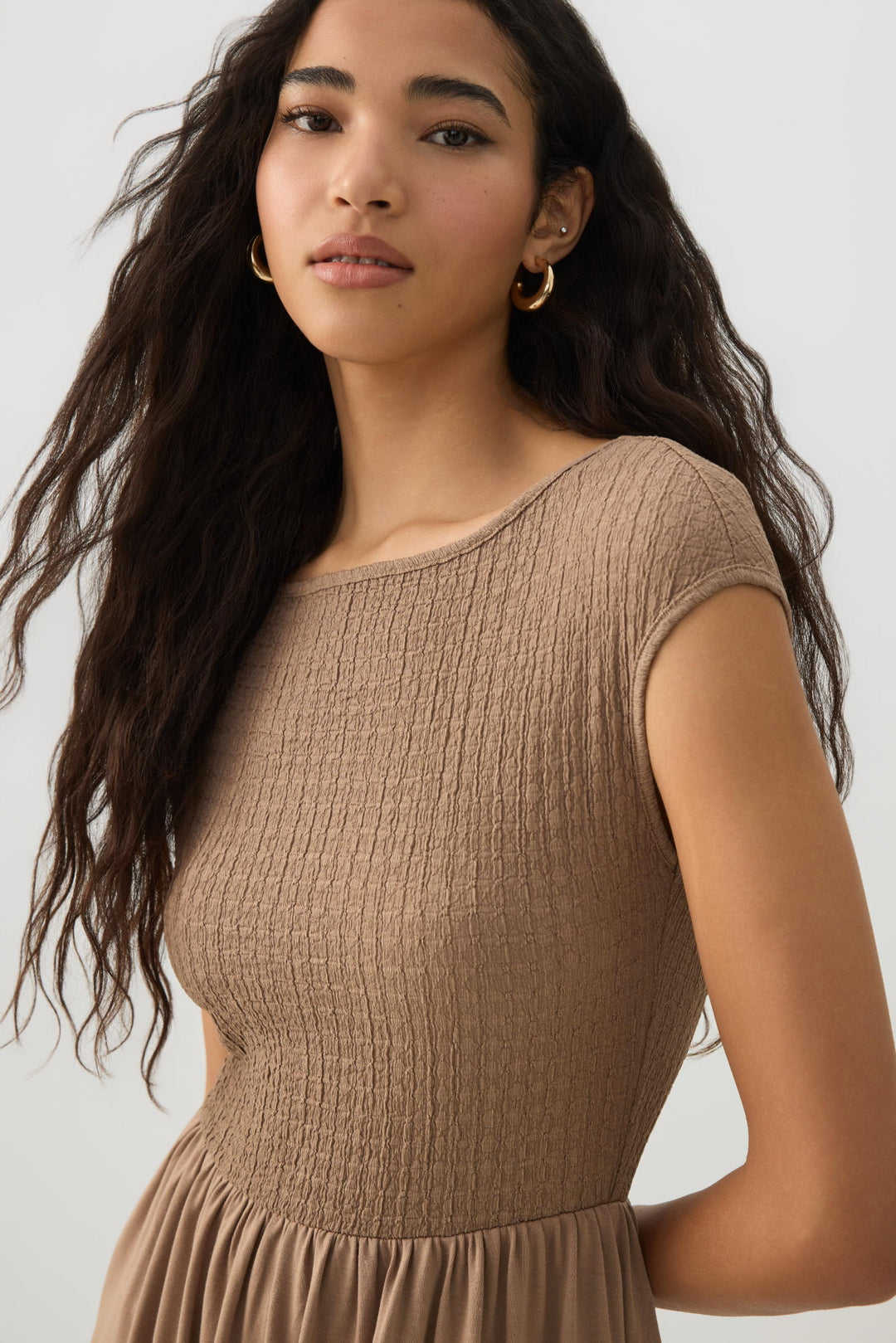 Textured Knit Cap Sleeve Midi Dress
