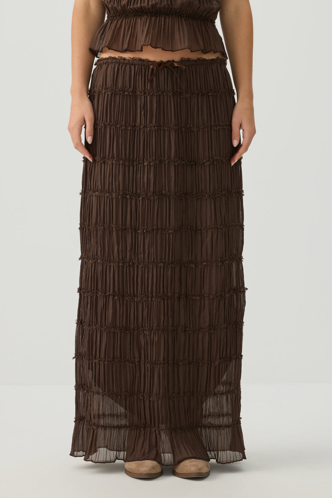 Crinkled Chiffon Tiered Maxi Skirt