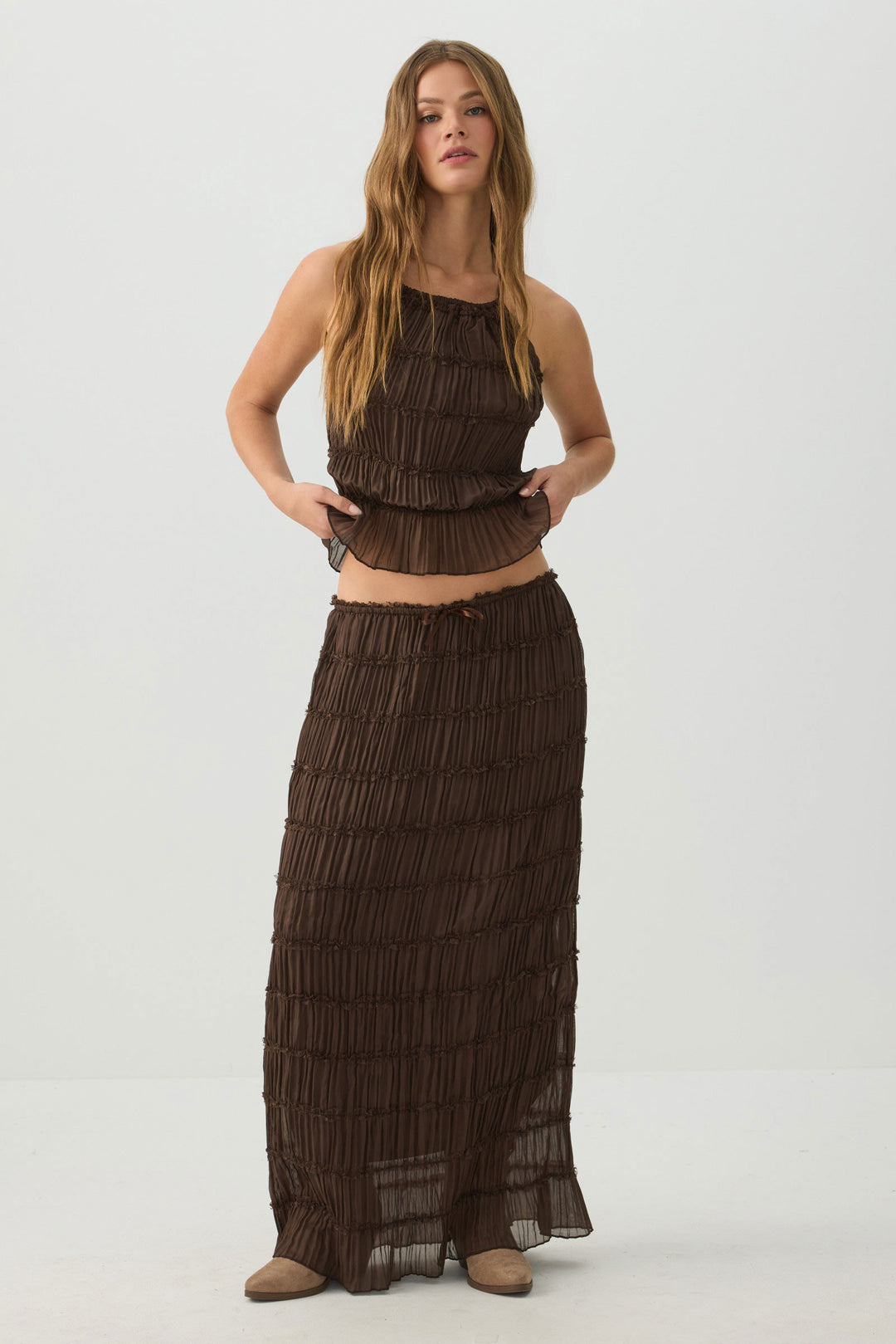 Crinkled Chiffon Tiered Maxi Skirt