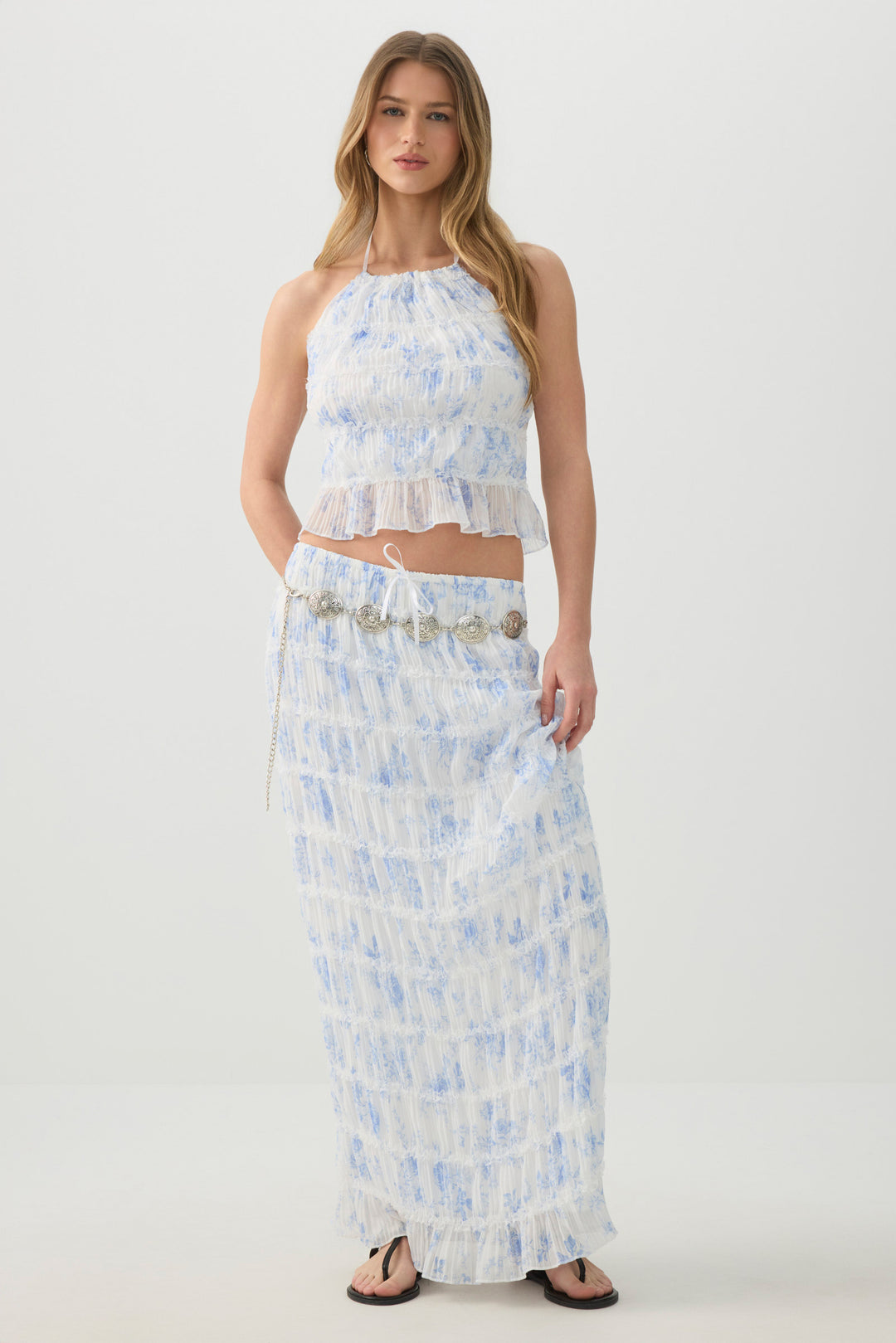 Crinkled Chiffon Tiered Maxi Skirt