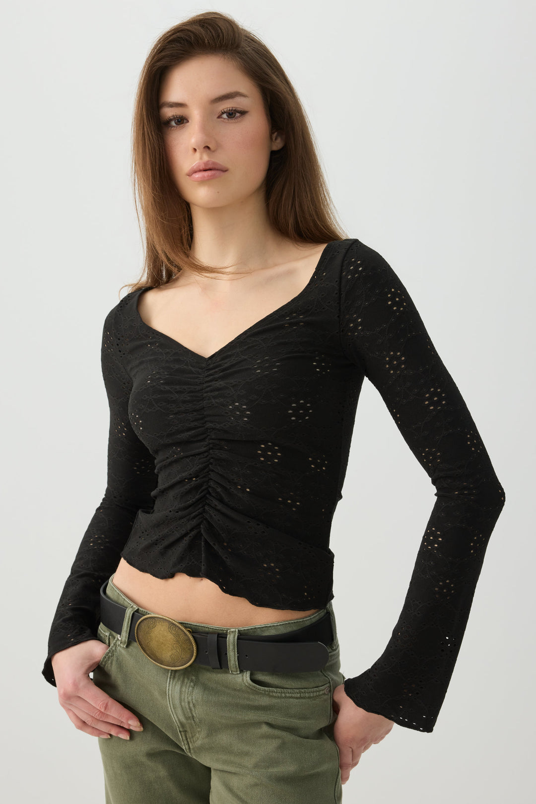 Ruched Front Eyelet Top