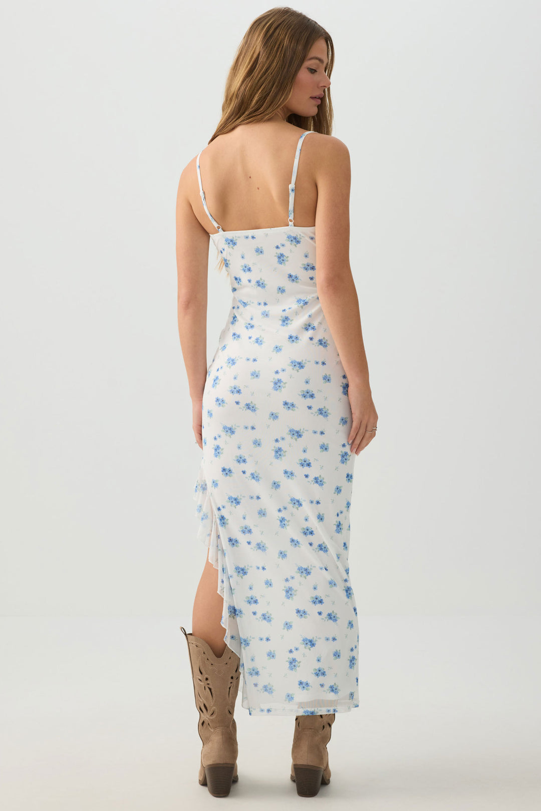 Floral Mesh Ruffle Maxi Dress