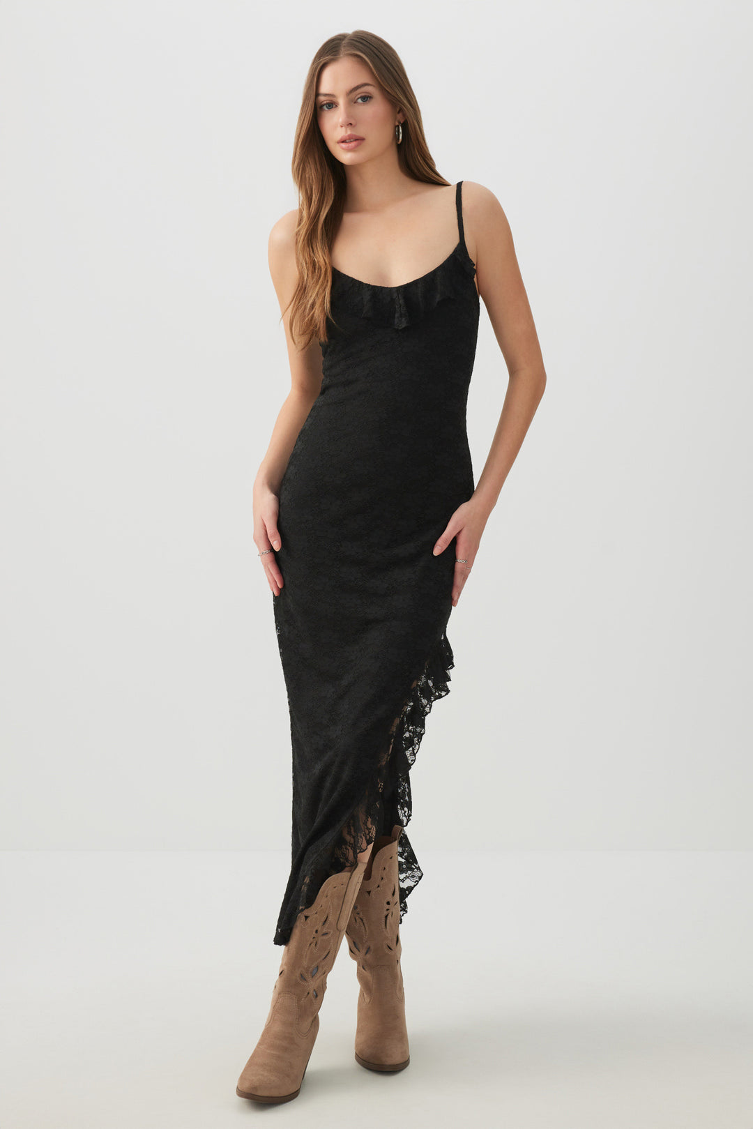 Ardene Women's Lace Maxi Dress with High Slit in Black | Size Large | Polyester/Spandex Ardene Women's Lace Maxi Dress with High Slit in Black | Size Large | Polyester/Spandex
