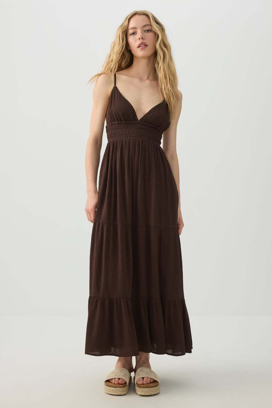 Crinkle V-Neck Maxi Dress with Pockets