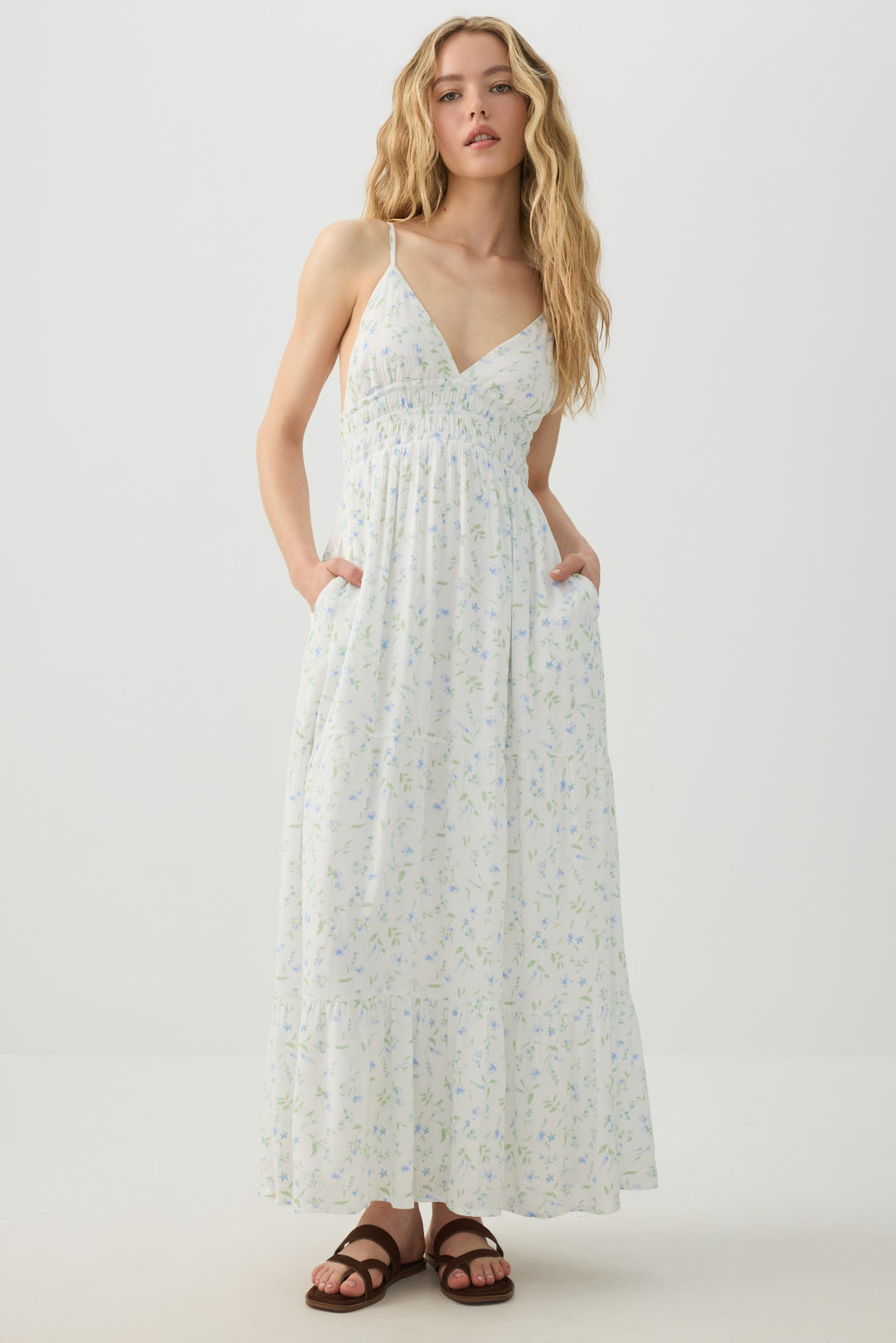 Crinkle V-Neck Maxi Dress with Pockets