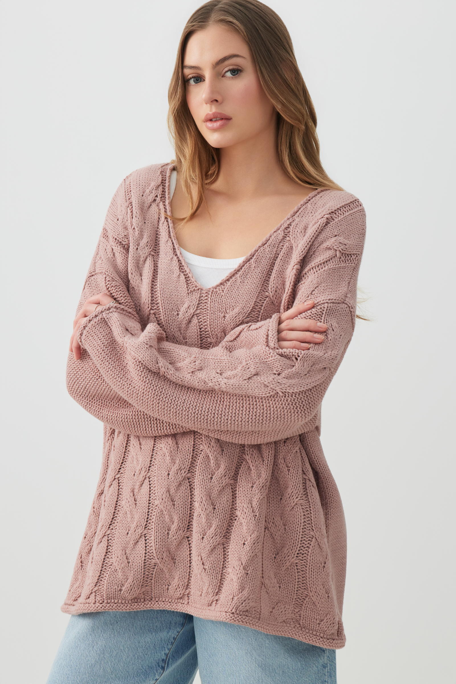 Oversized Cable Knit V-Neck Sweater – Ardene