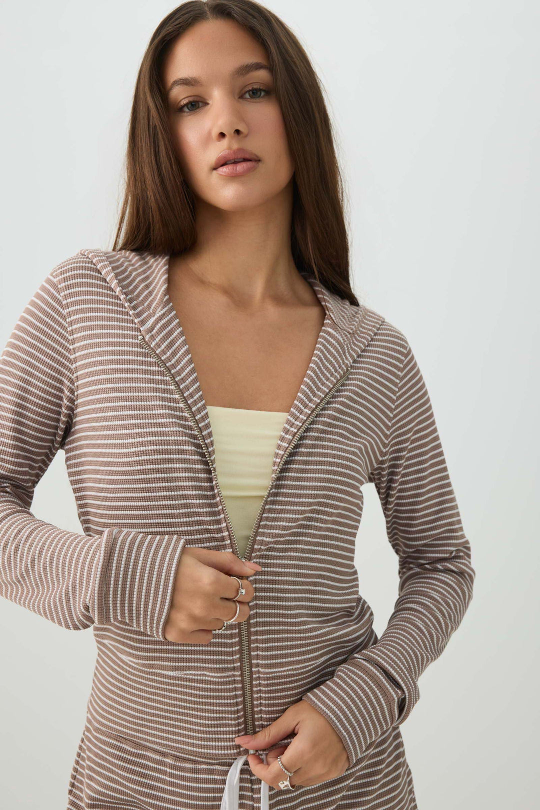 Waffle Hooded Front Zipper Top