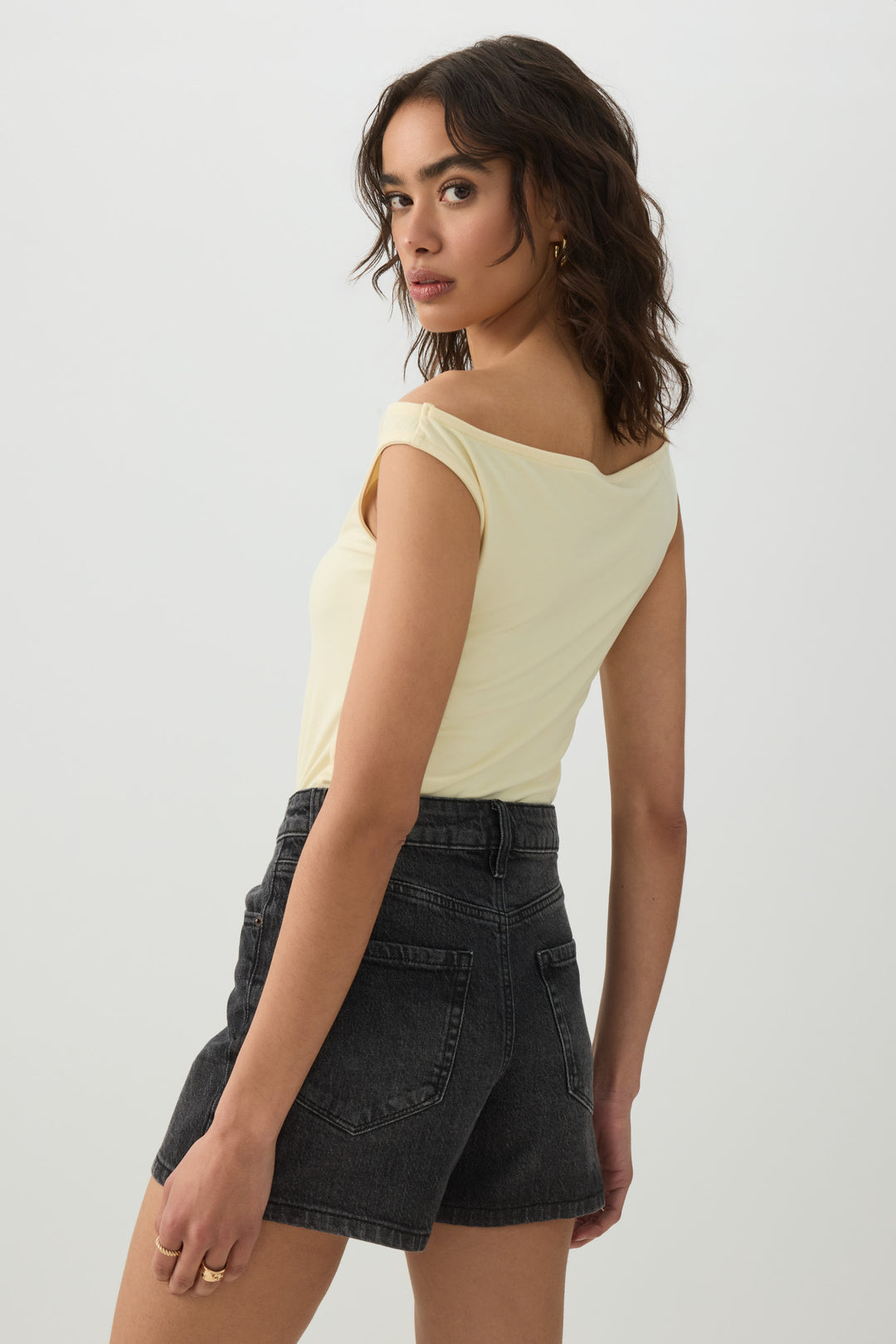 High Rise Denim Midi Shorts