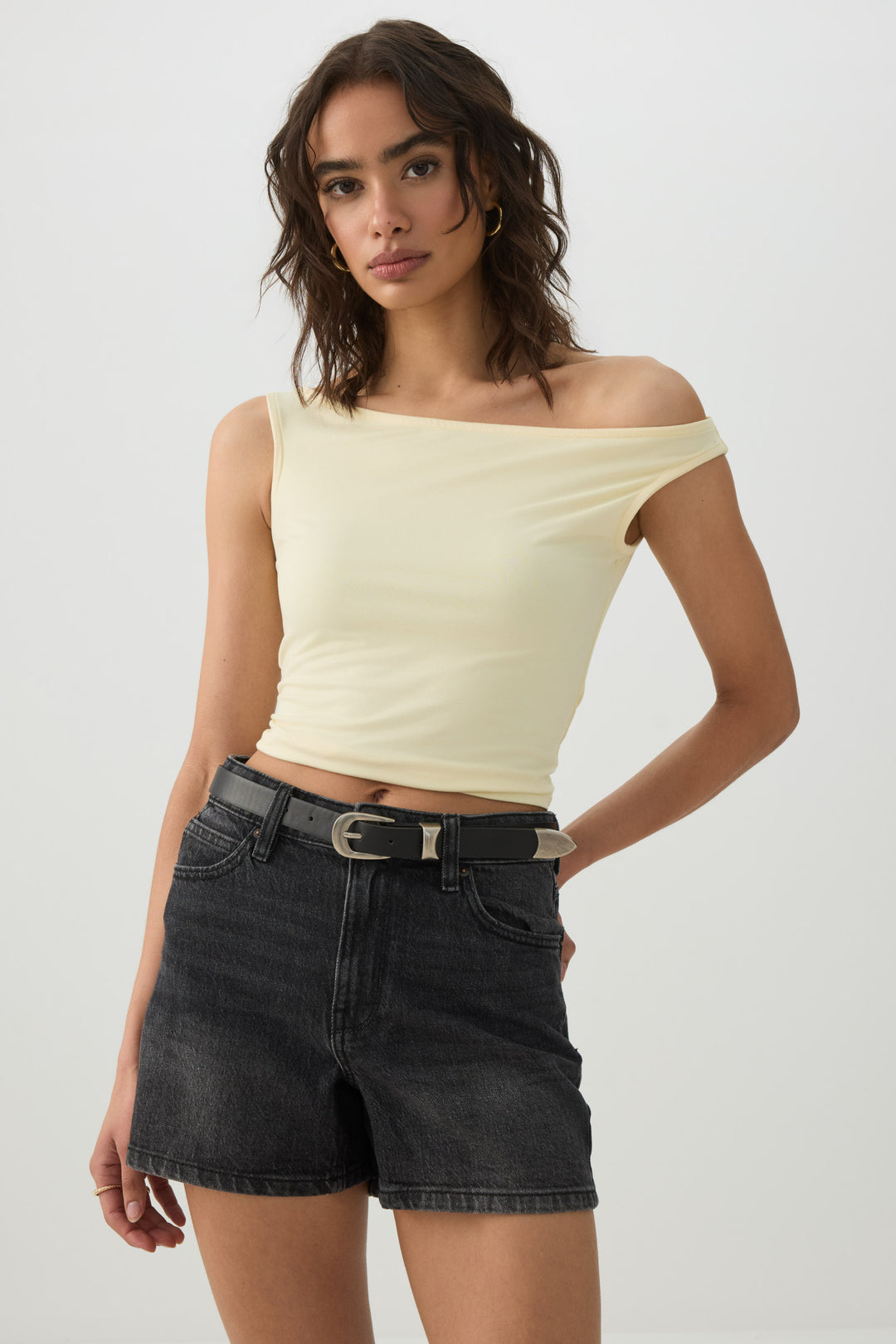 High Rise Denim Midi Shorts