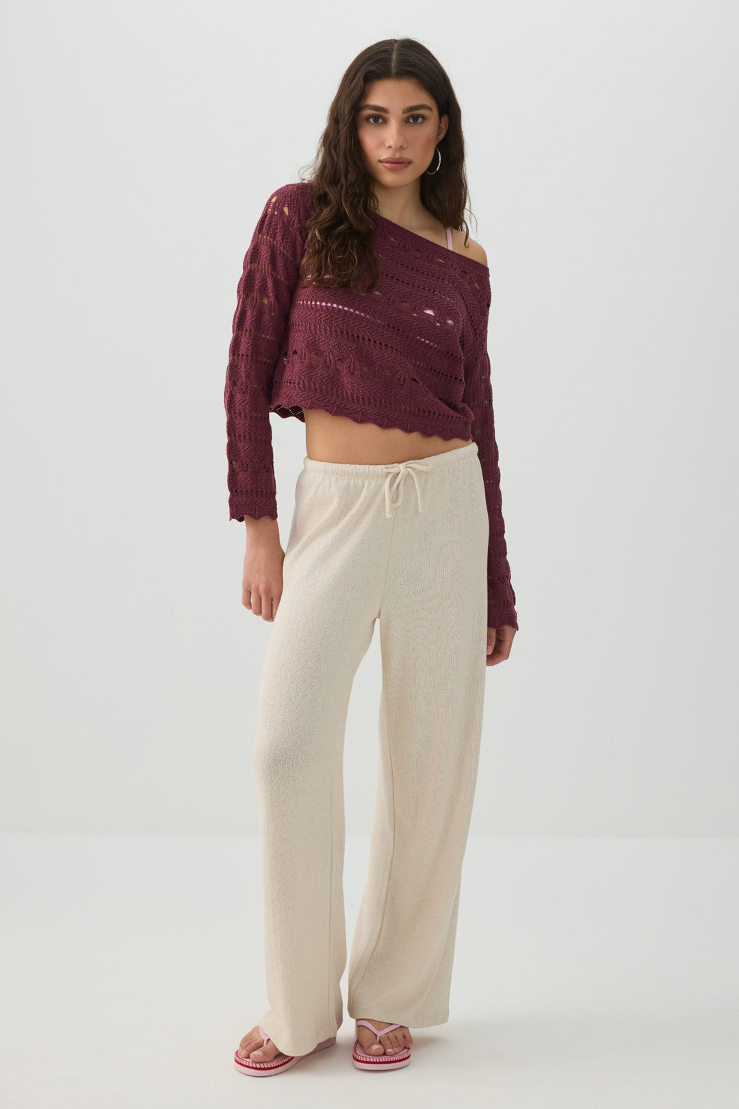 Crop Open Stitch Boat Neck Sweater