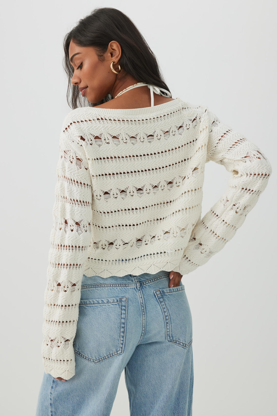 Crop Open Stitch Boat Neck Sweater