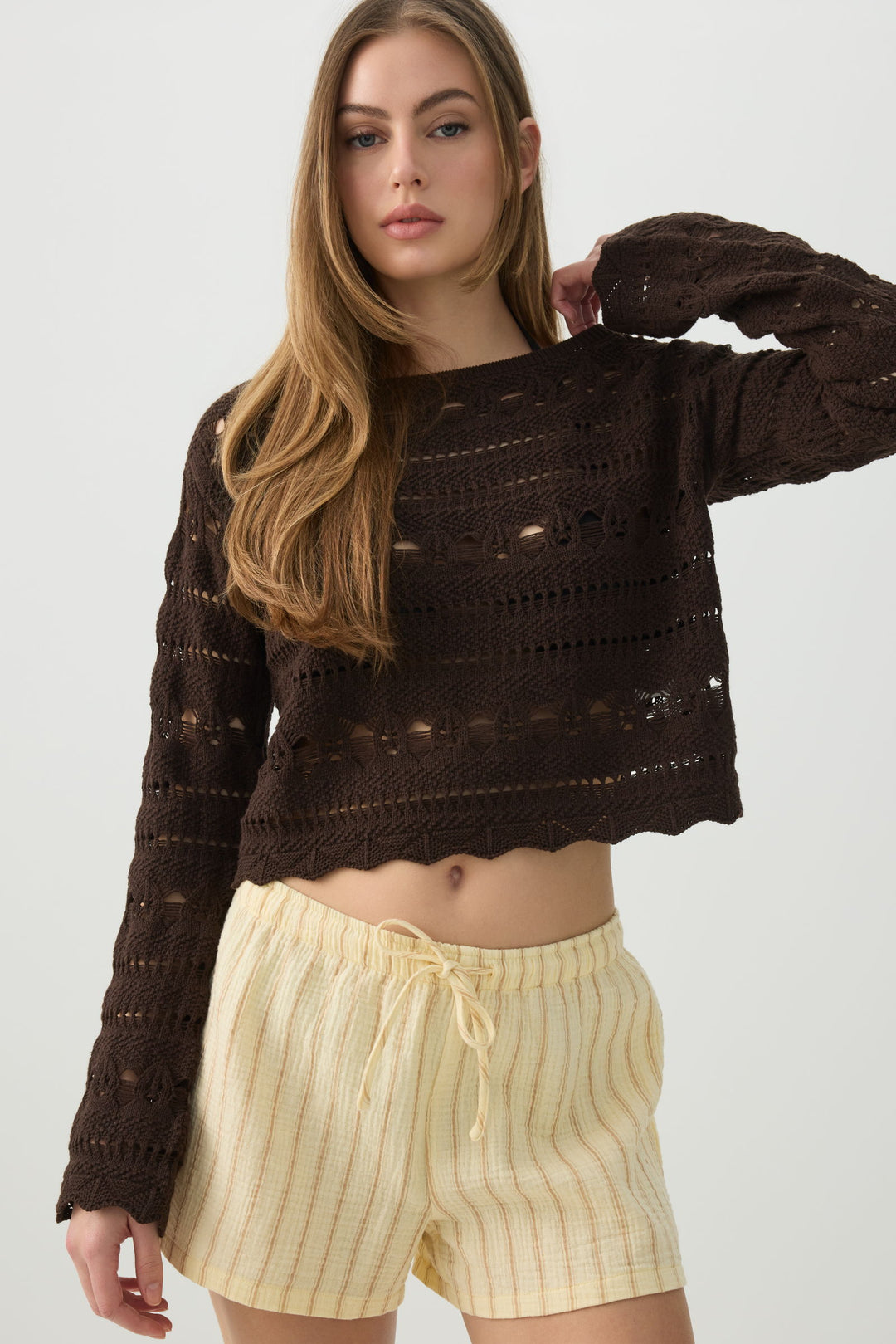 Crop Open Stitch Boat Neck Sweater