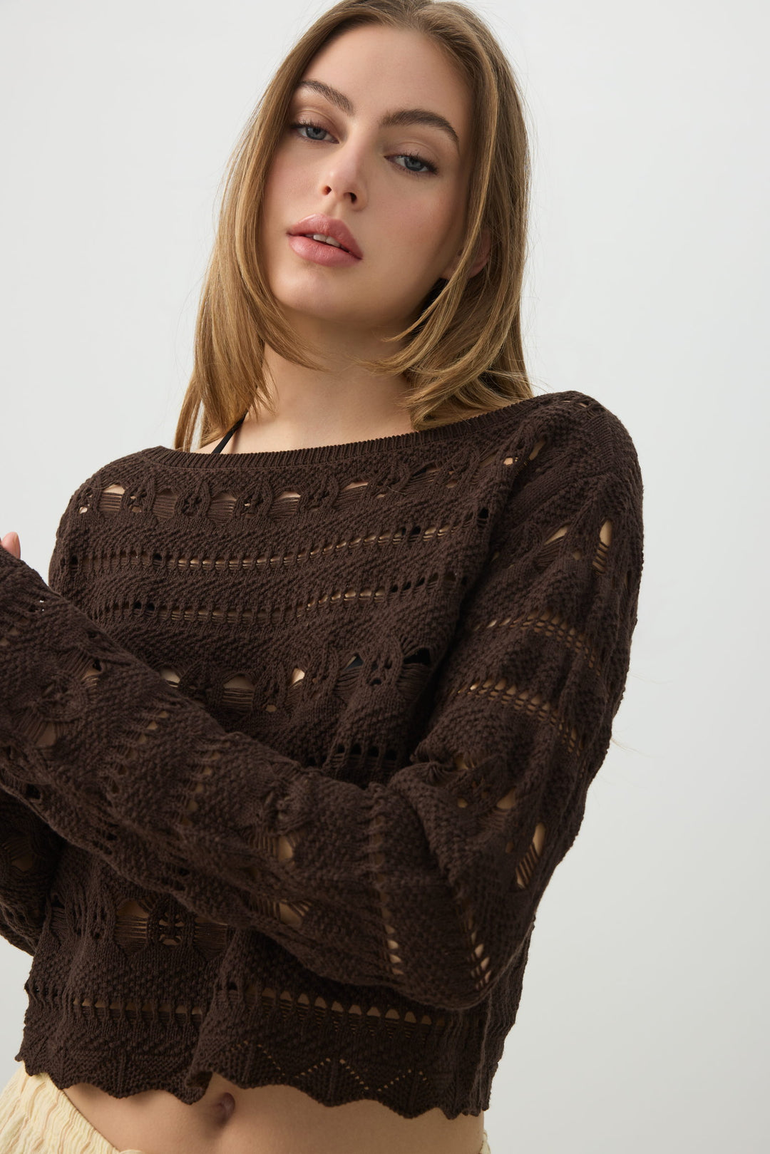 Crop Open Stitch Boat Neck Sweater