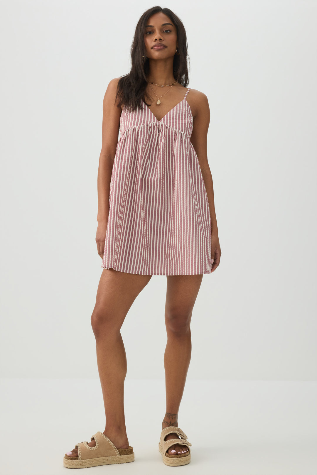 Striped Mini Babydoll V-Neck Dress