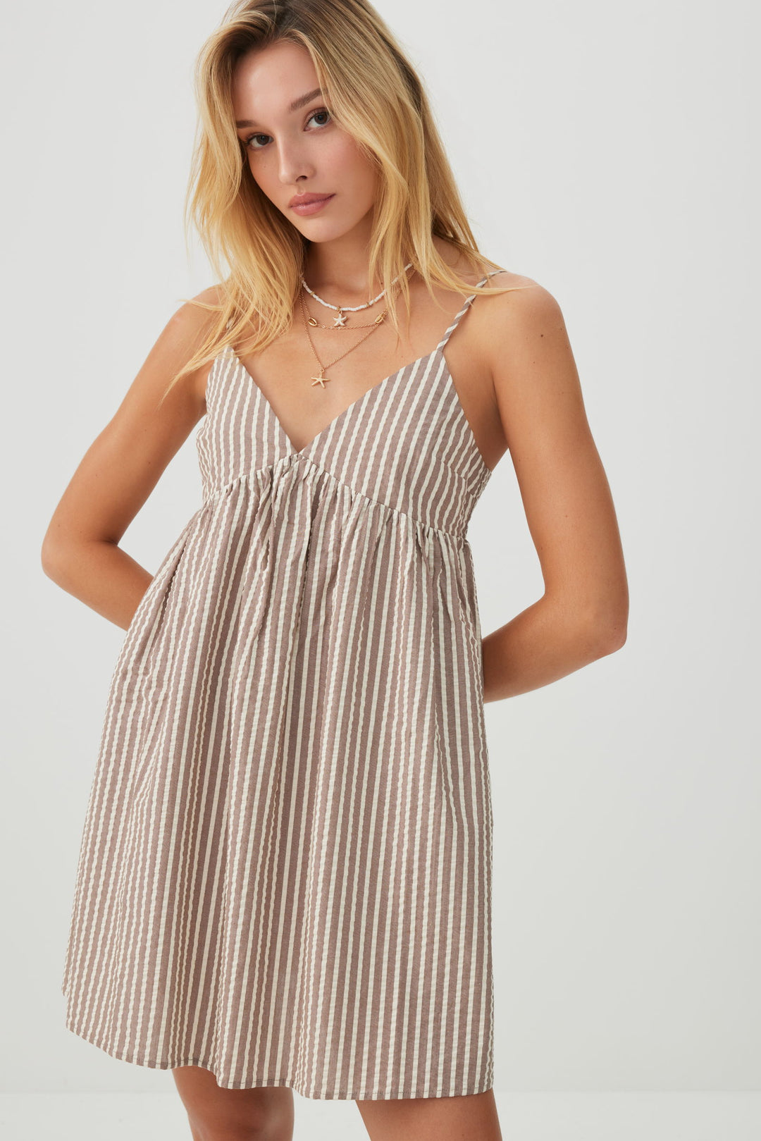 Striped Mini Babydoll V-Neck Dress