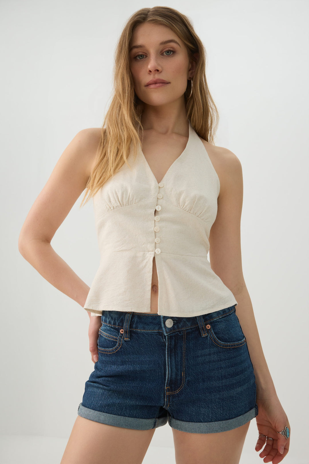 High Rise Stretch Denim Shorts