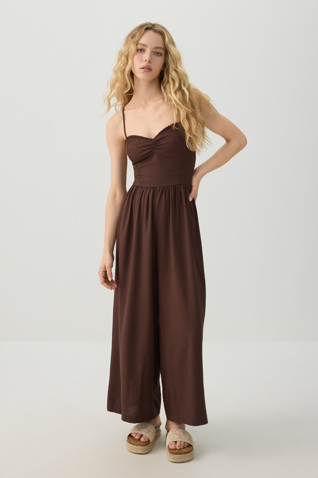 Linen Blend Smocked Bustier Culotte Romper