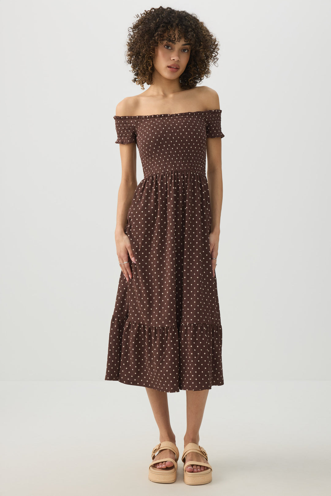 Smocked Off Shoulder Midi Dress