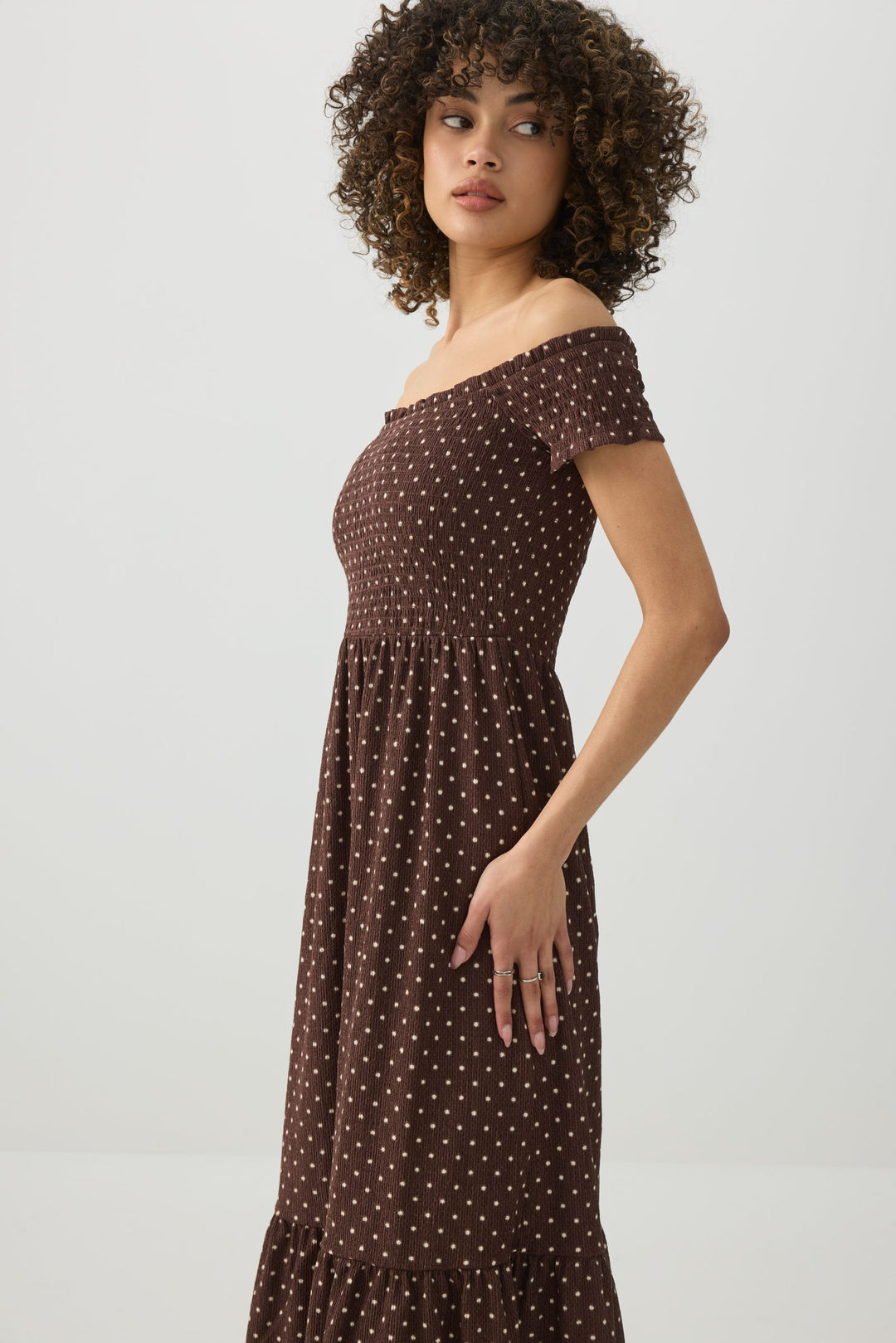 Smocked Off Shoulder Midi Dress