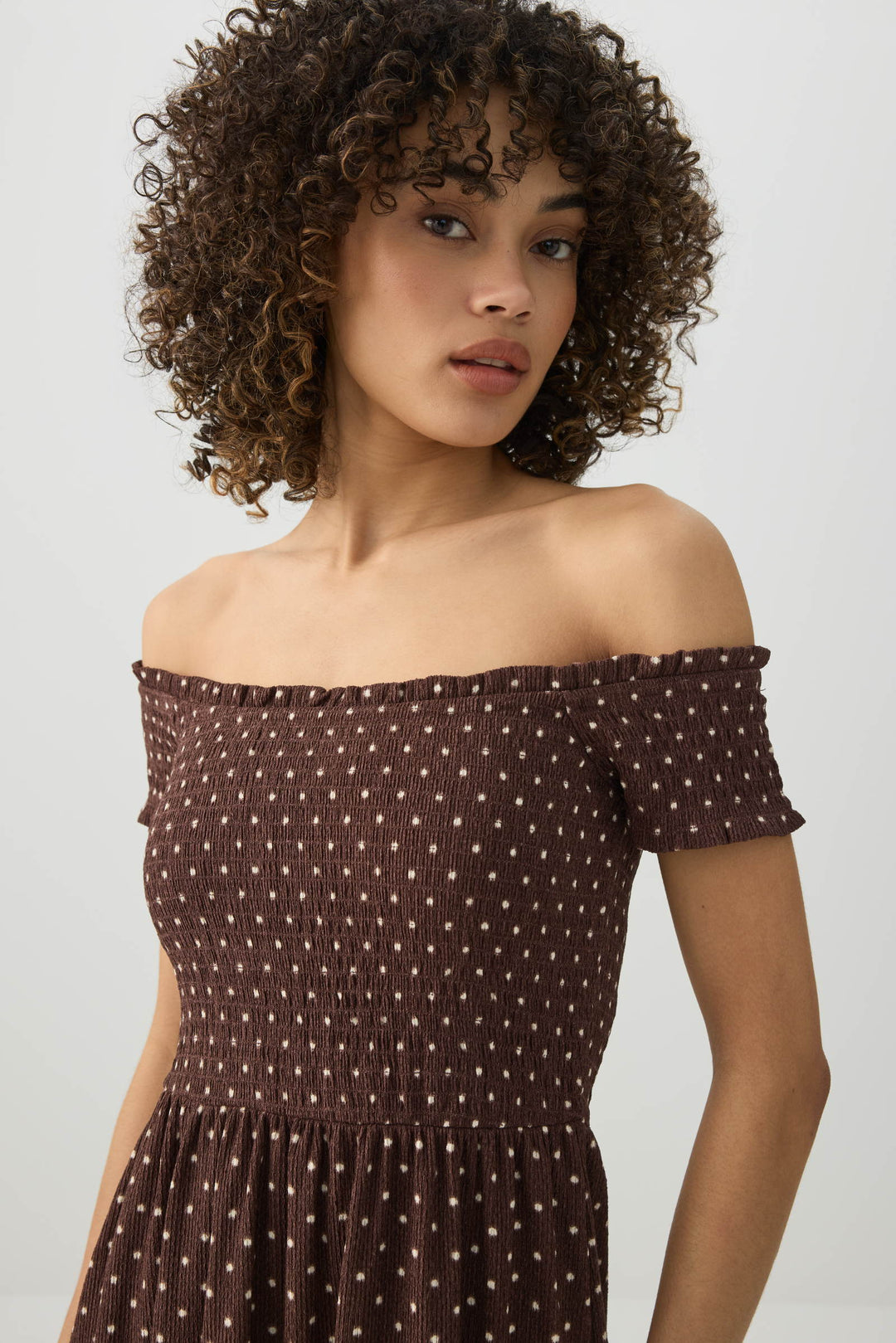 Smocked Off Shoulder Midi Dress