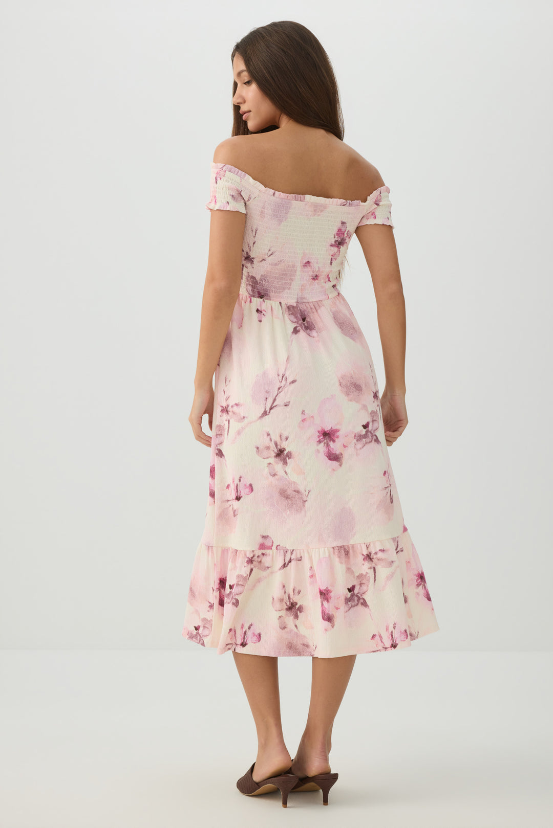 Smocked Off Shoulder Midi Dress