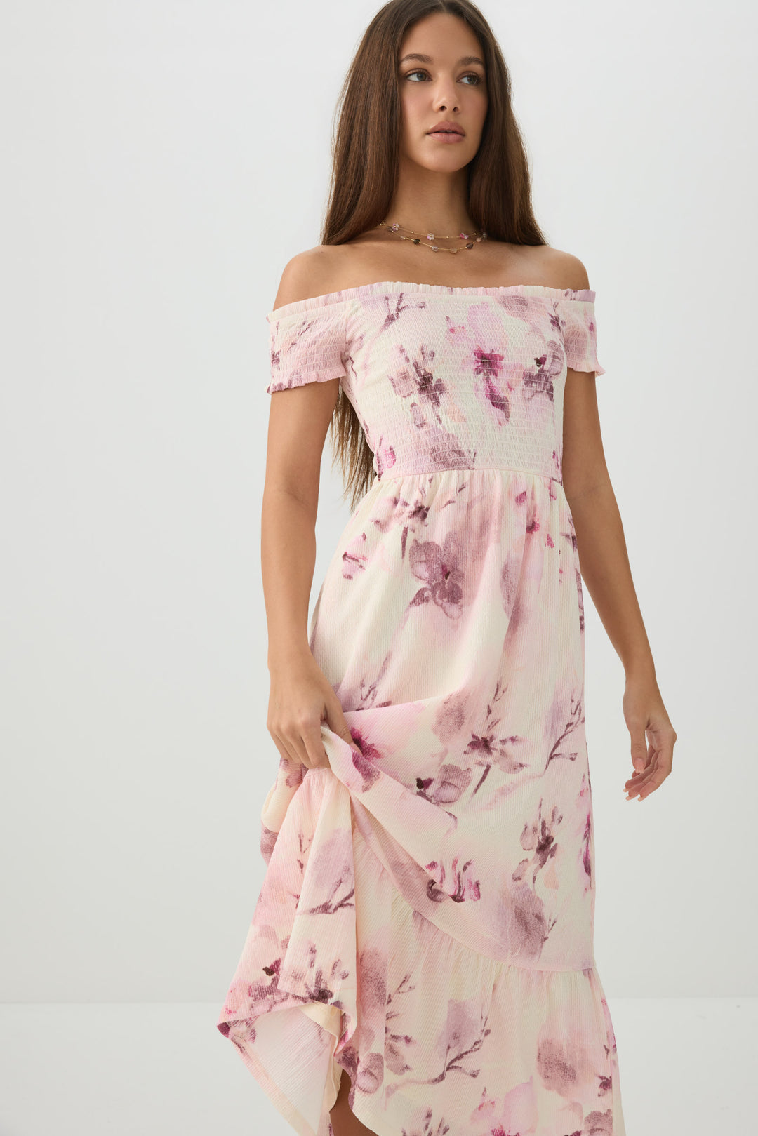 Smocked Off Shoulder Midi Dress