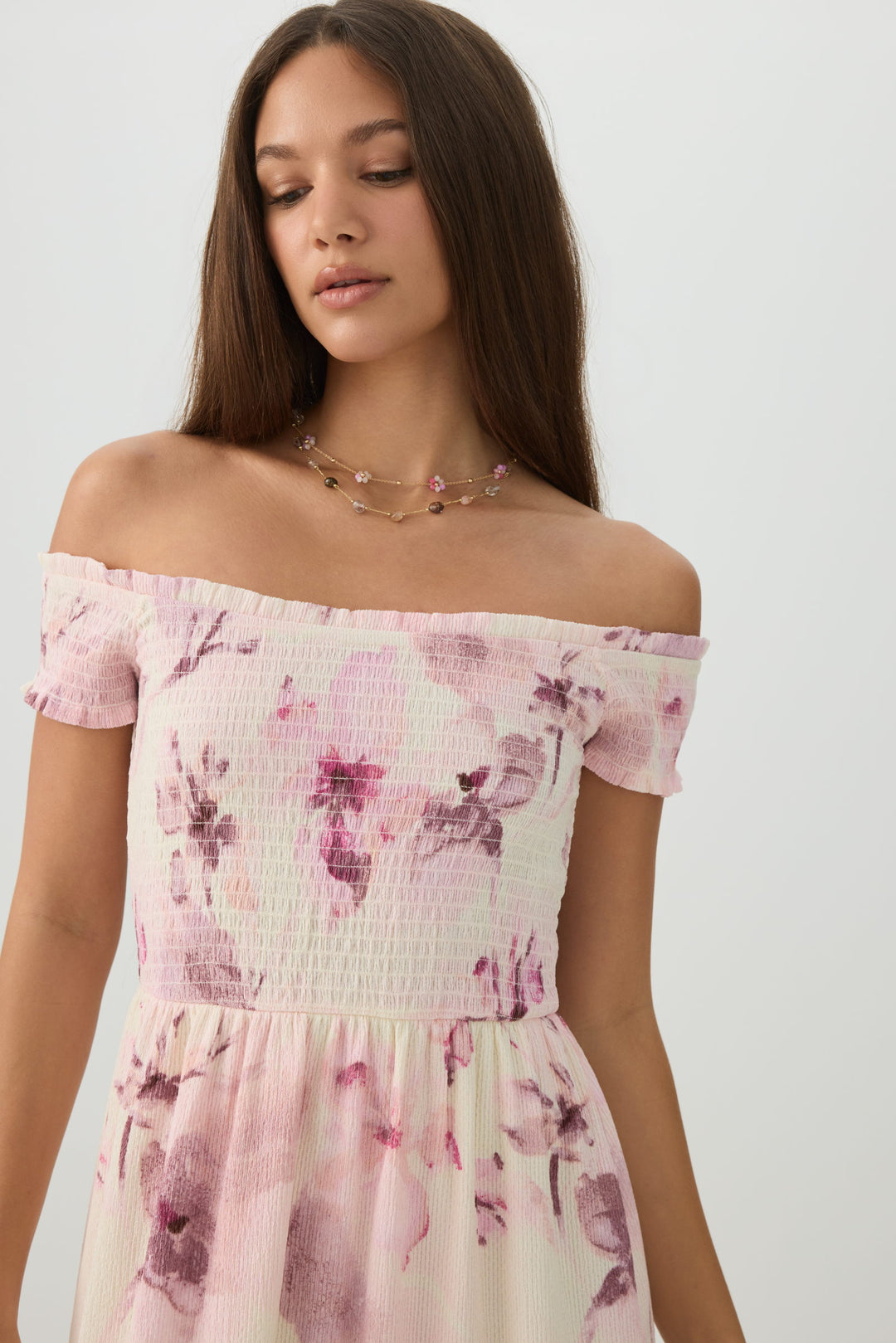 Smocked Off Shoulder Midi Dress