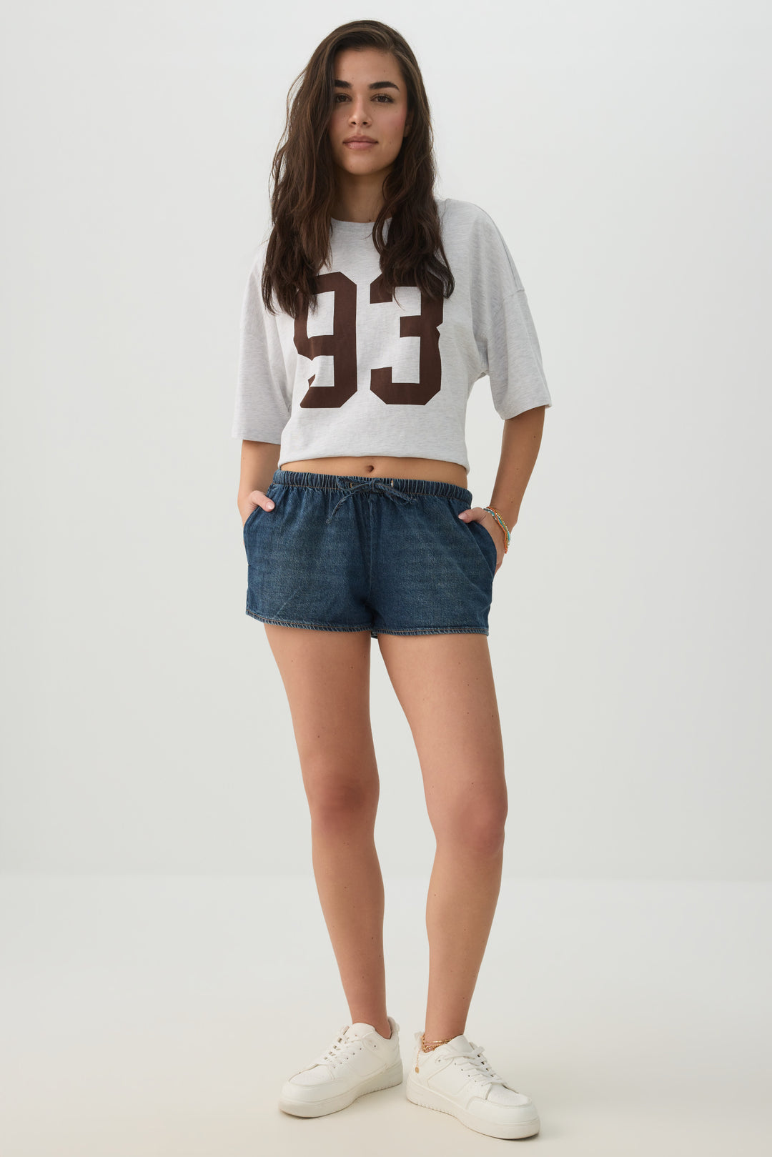 Mid Rise Denim Drawstring Short Shorts