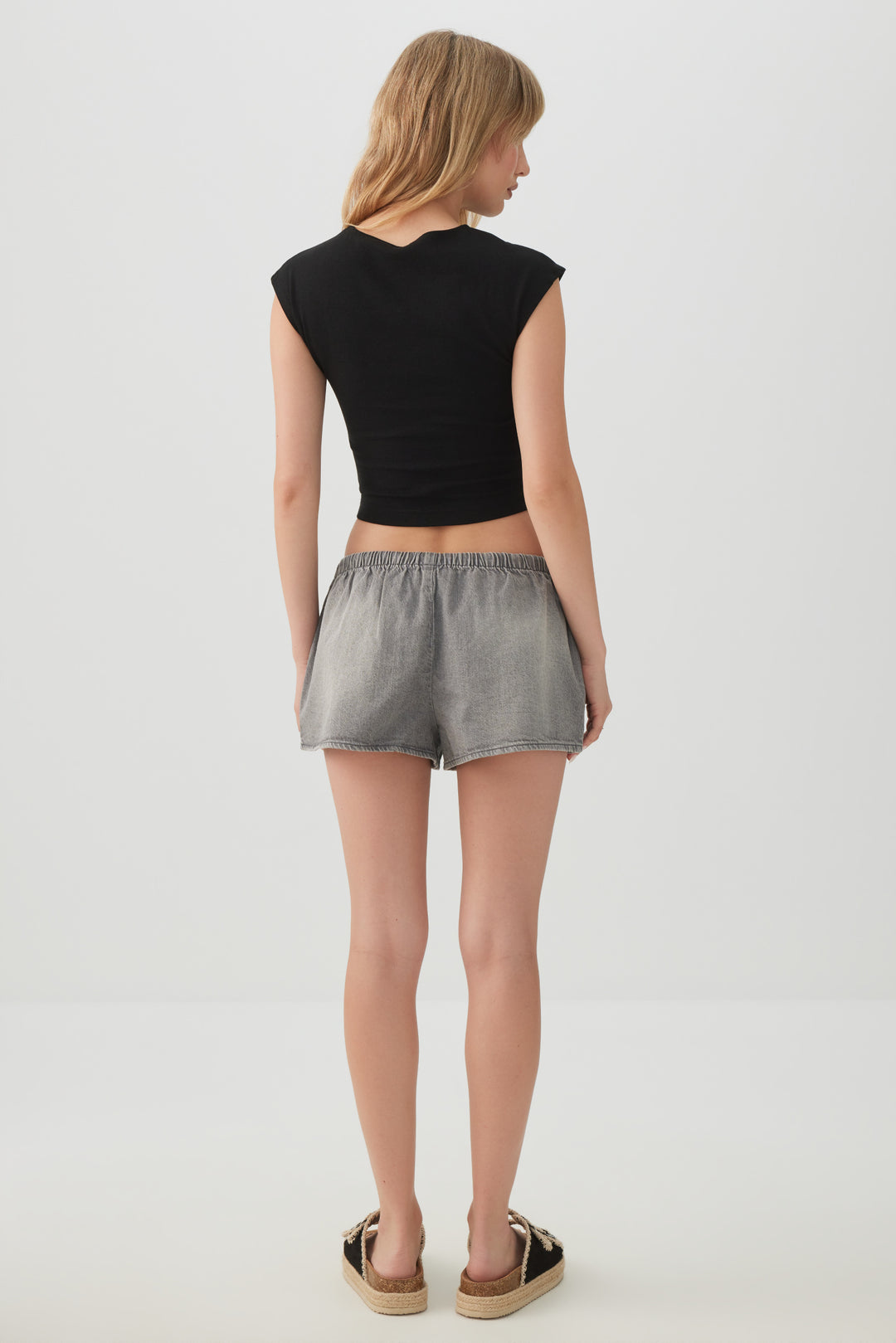 Mid Rise Denim Drawstring Short Shorts