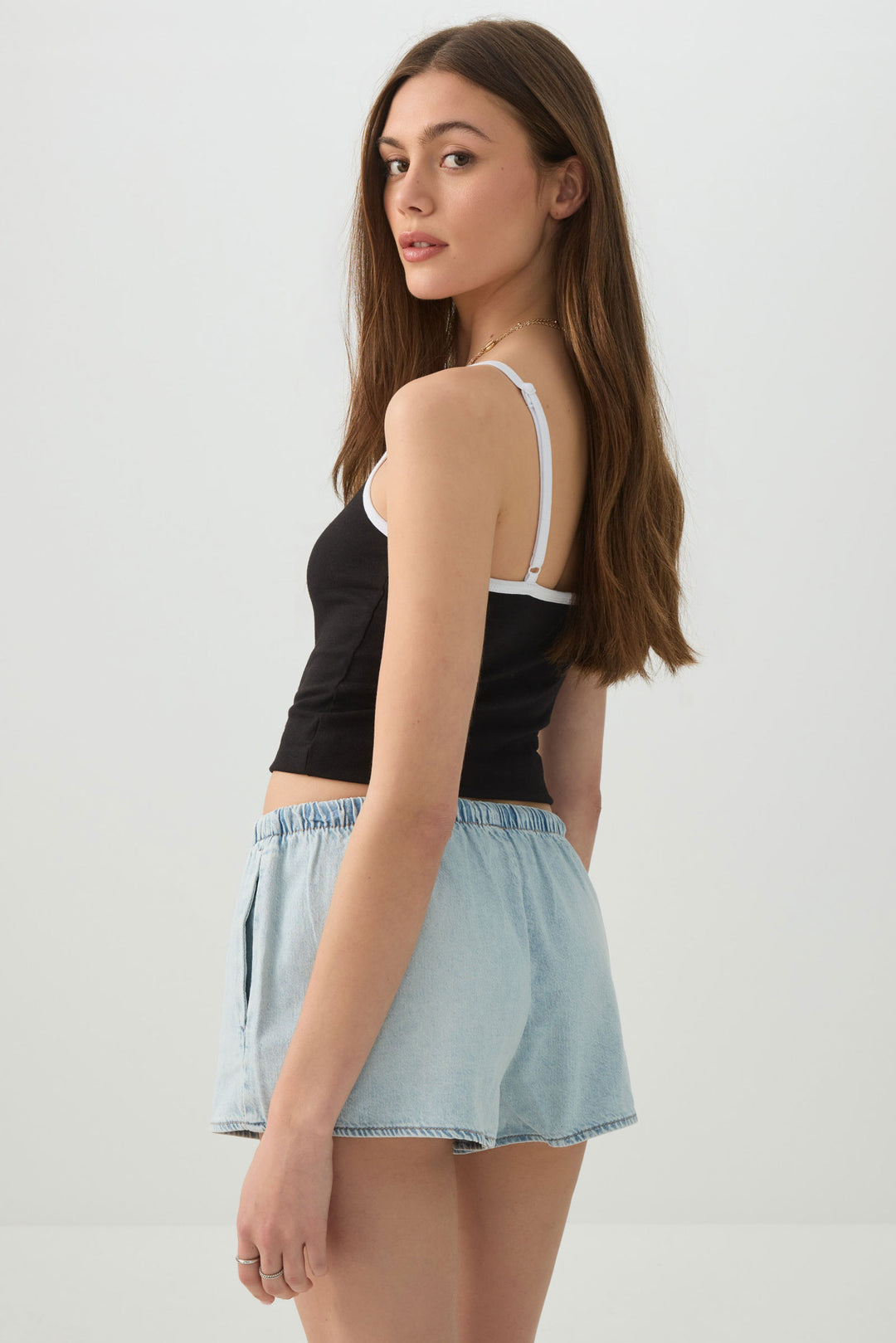 Mid Rise Denim Drawstring Shorts