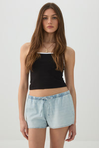 Mid Rise Denim Drawstring Shorts