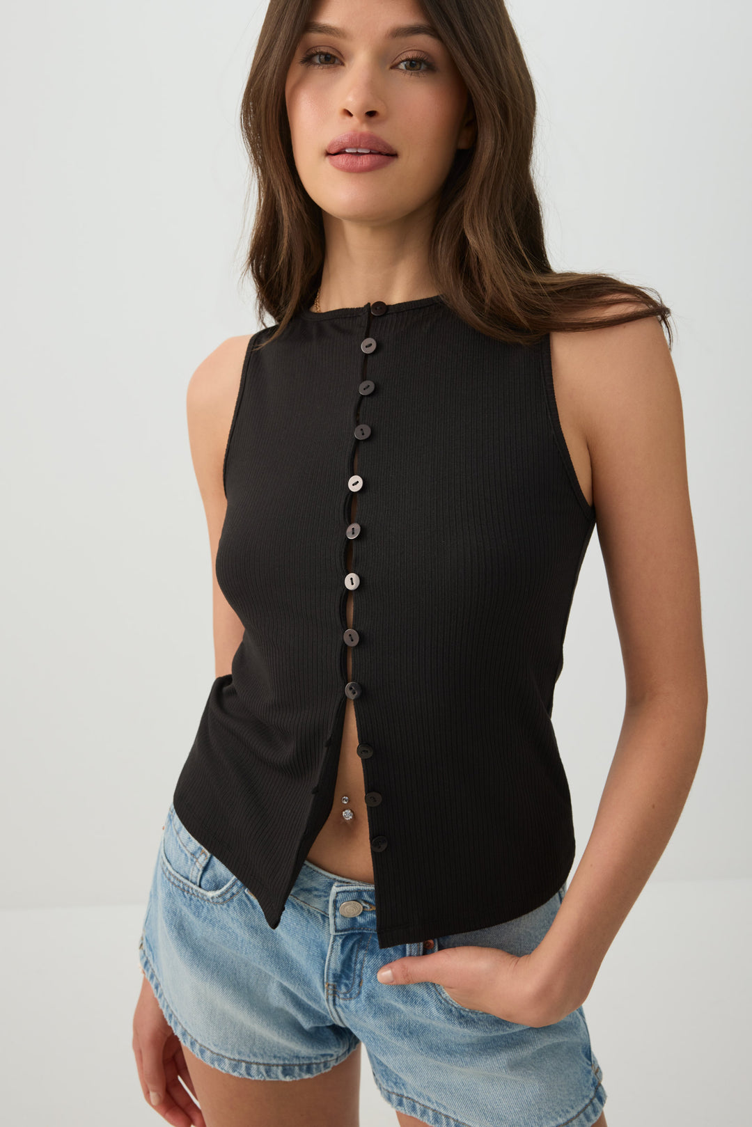Button Front Rib Tank Top