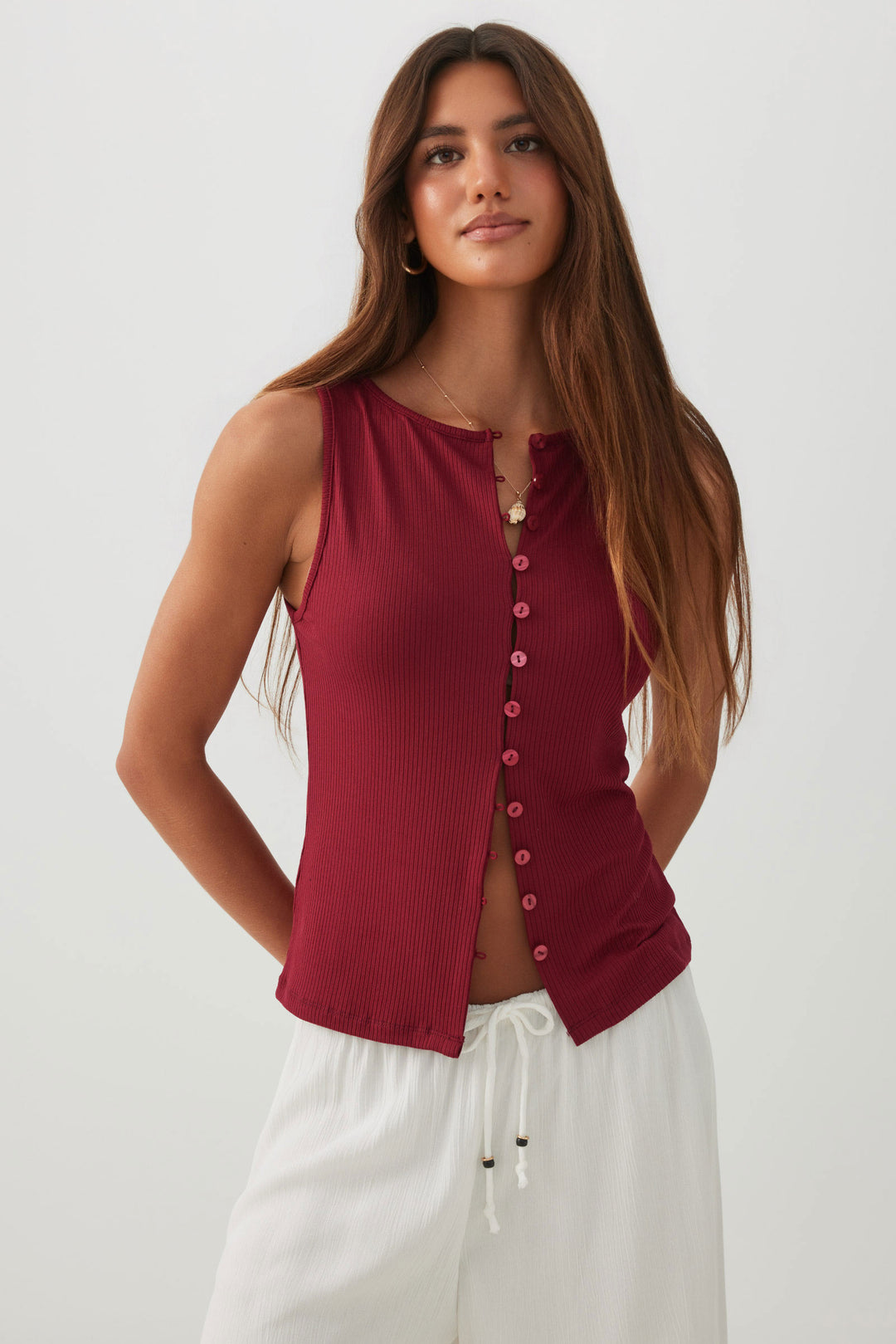 Button Front Rib Tank Top