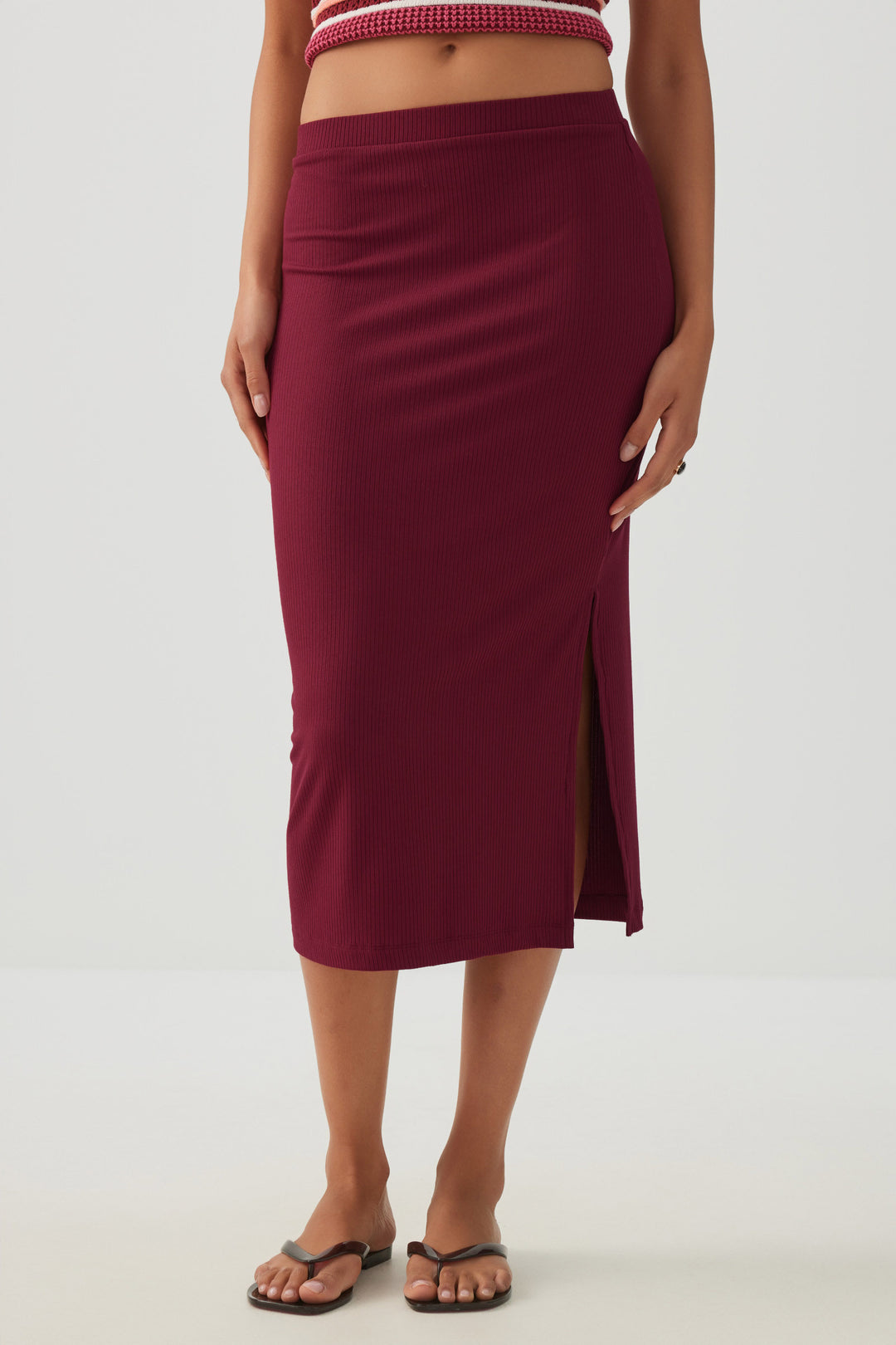 Midi Rib Side Slit Skirt