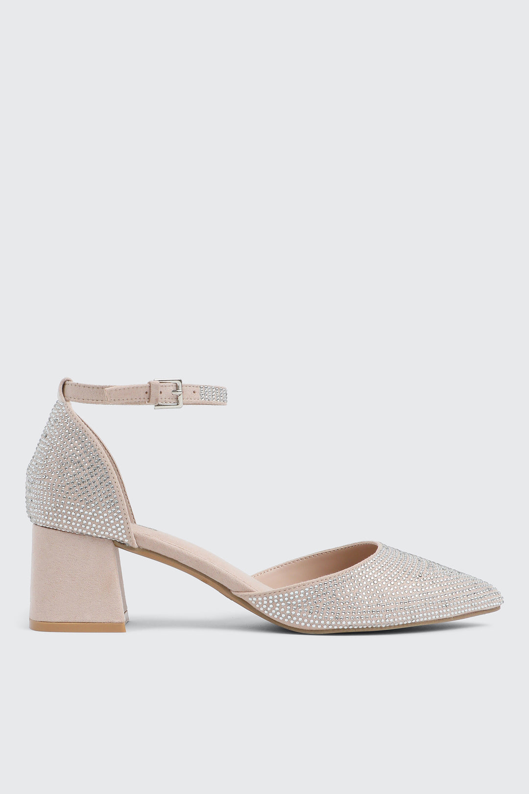 Escarpins à talon bloc ornés de pierres du Rhin