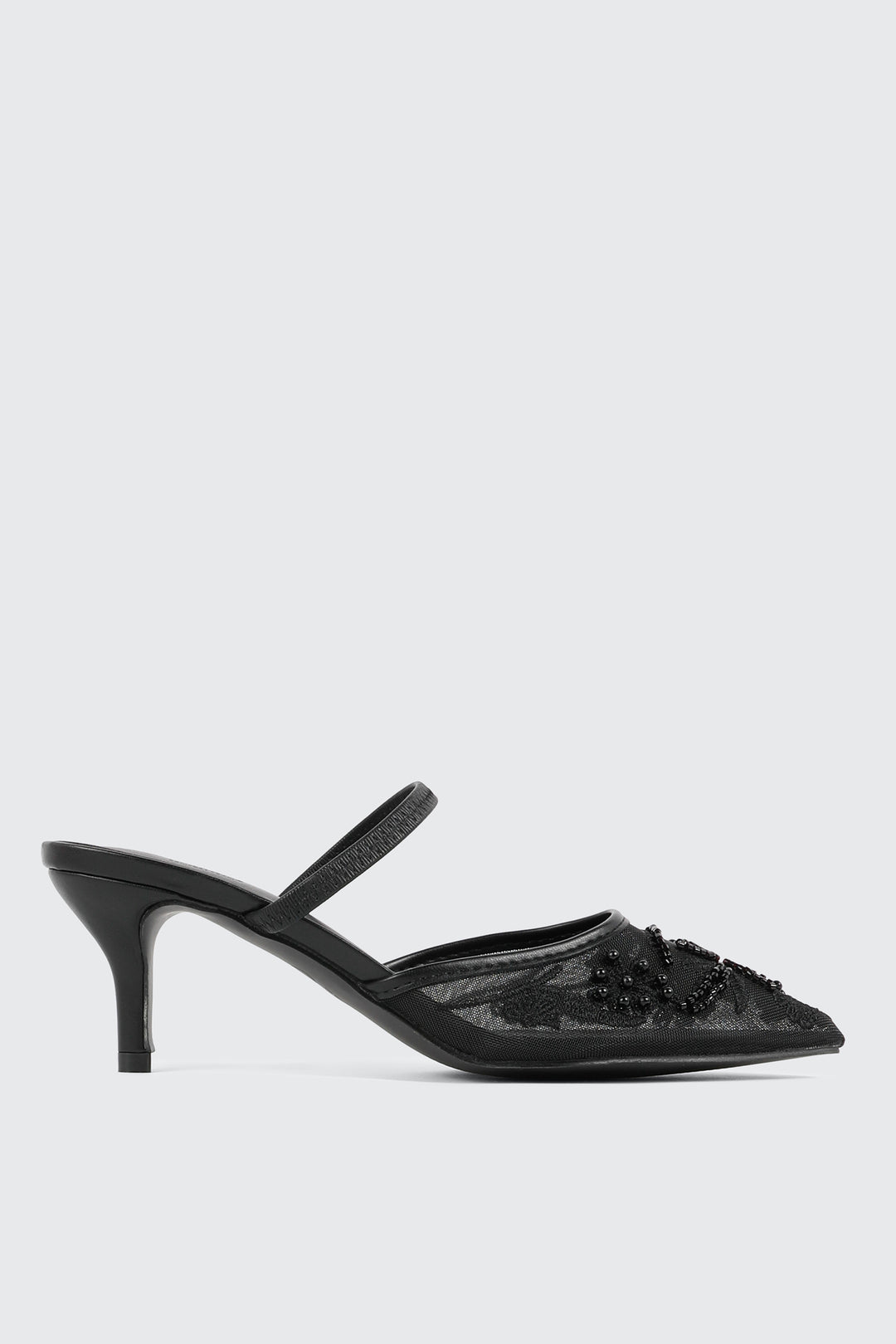 Embroidered Mesh Mule Heels